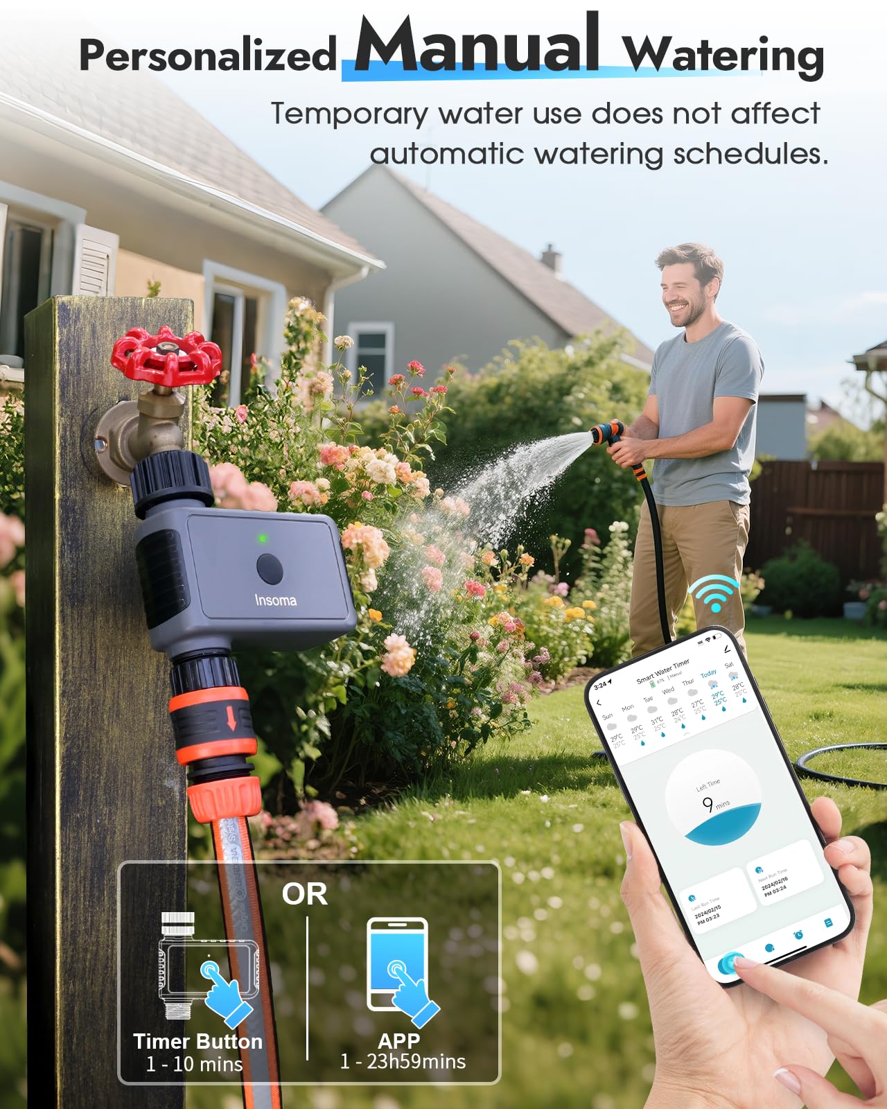 Insoma mounted on outdoor faucet illustrating quick installation benefit
