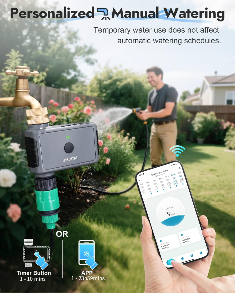 Insoma scale comparison near garden tap illustrating compact size and easy installation benefit