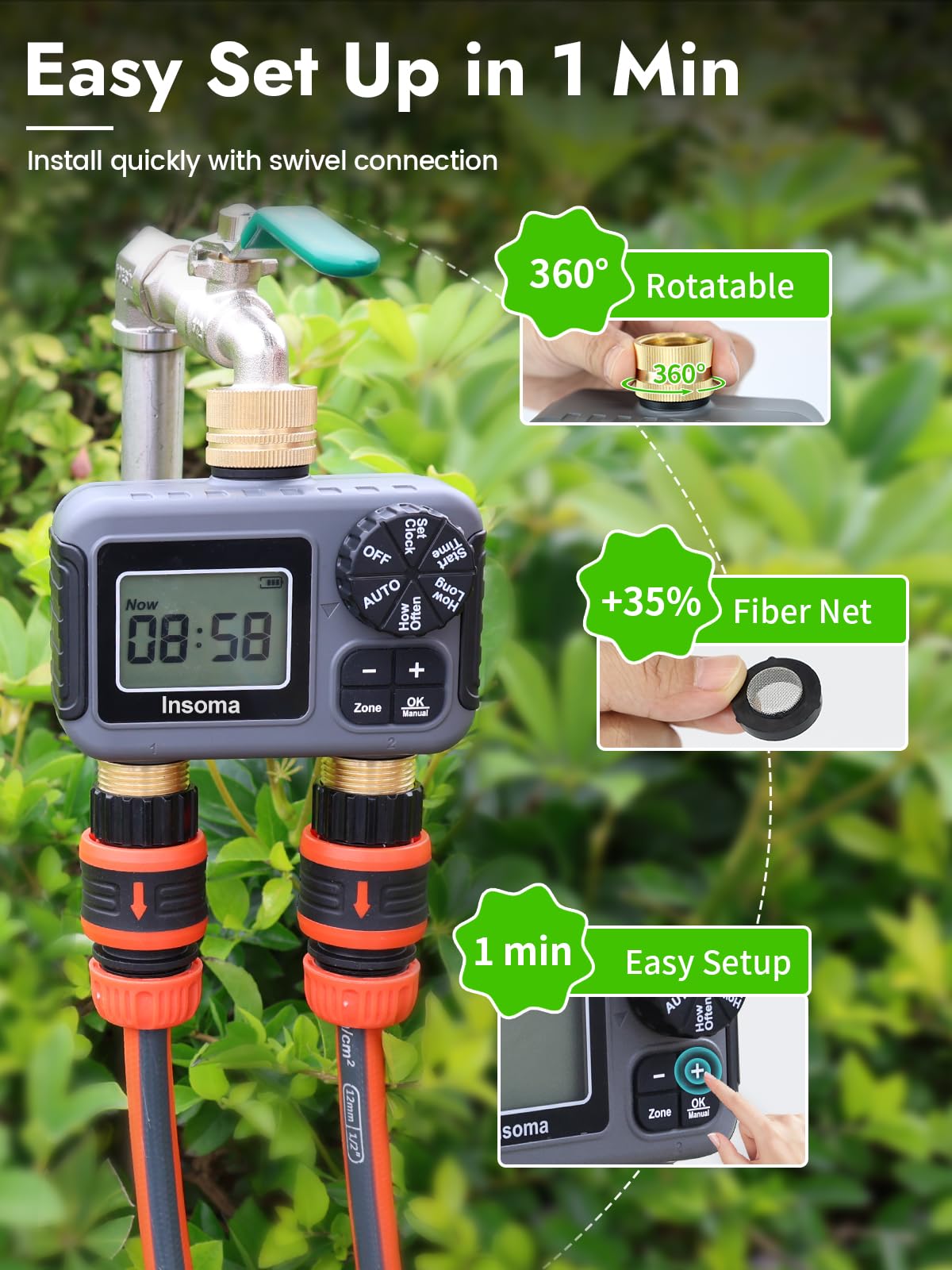 Insoma next to garden hose for size reference and easy fit to standard threads