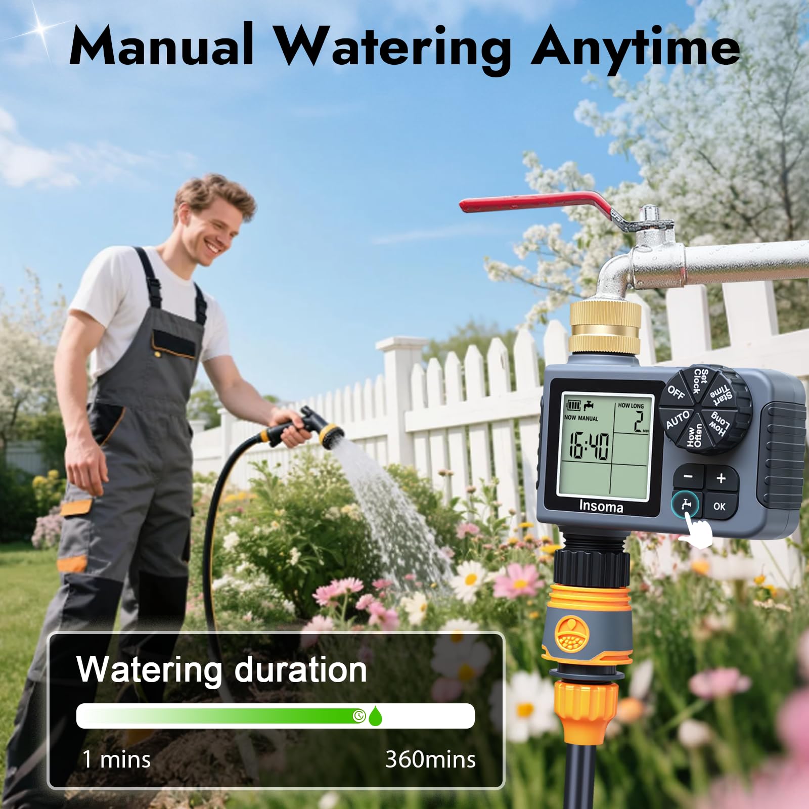 Insoma timer connected to hose watering a lawn for automated care