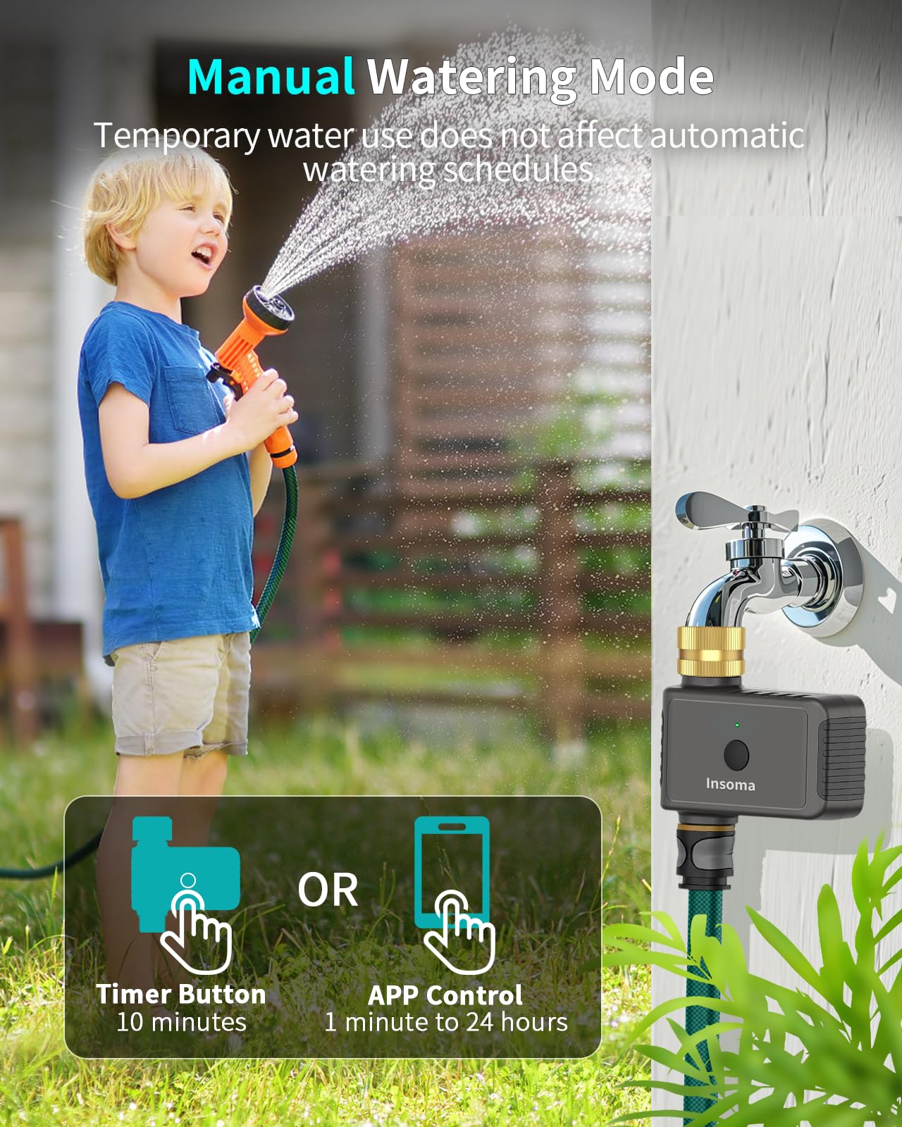 Insoma timer attached to hose with sprinkler running demonstrating automated watering