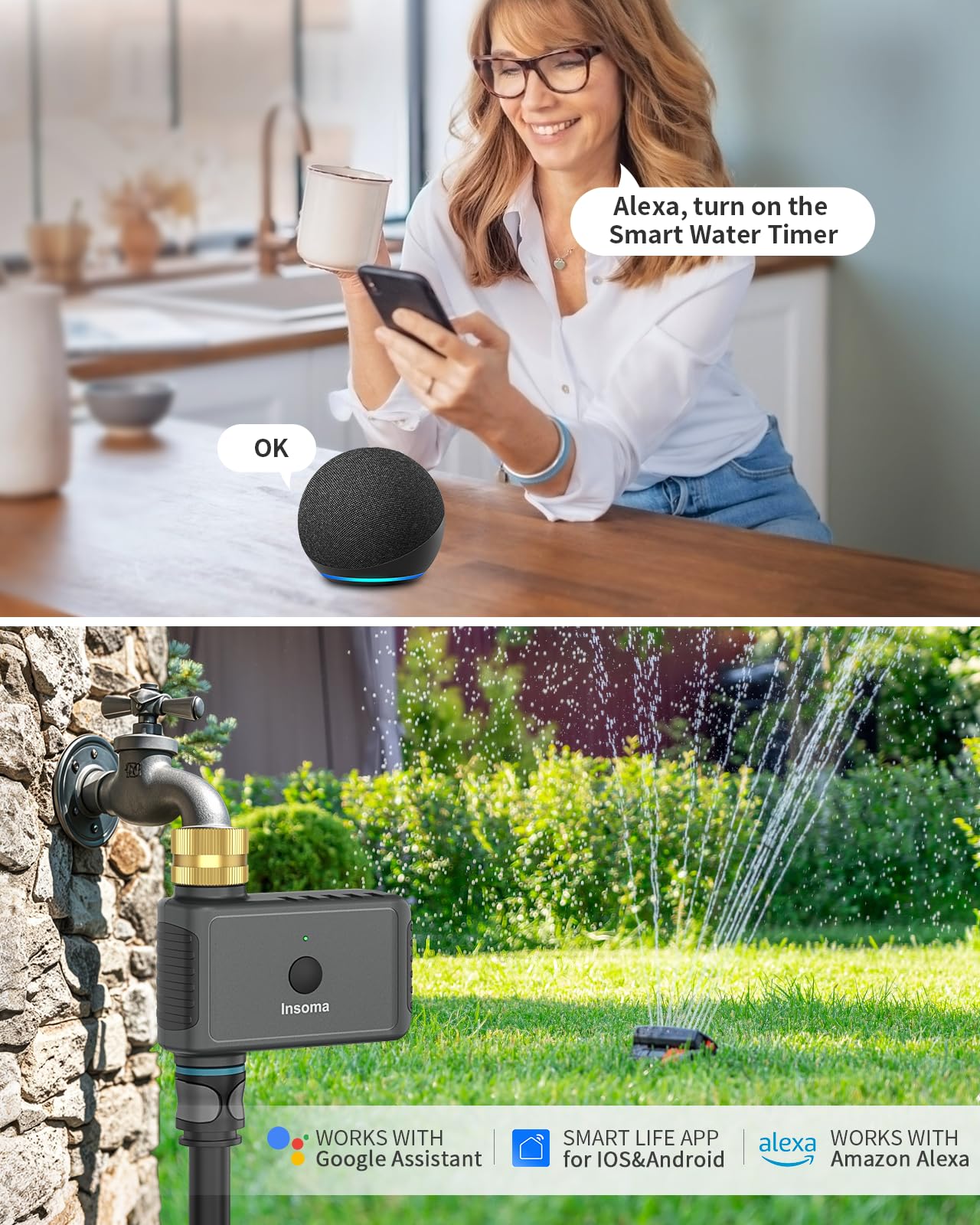 Insoma timer mounted on faucet demonstrating easy install and weather durability