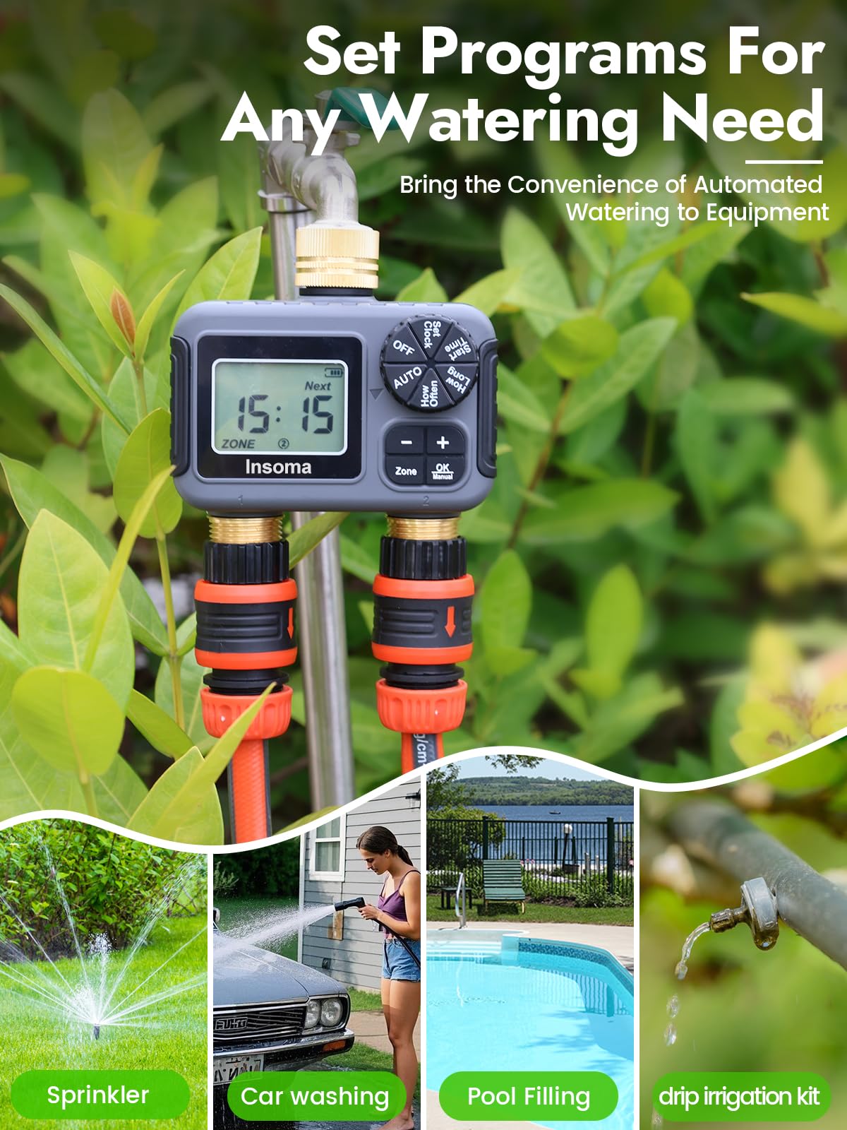 Insoma controlling two garden zones in yard to save water and time