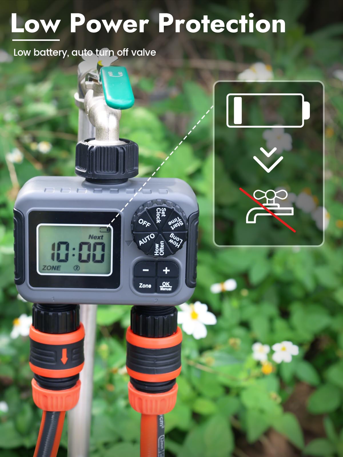 Insoma two zone hoses connected showcasing independent irrigation control benefit