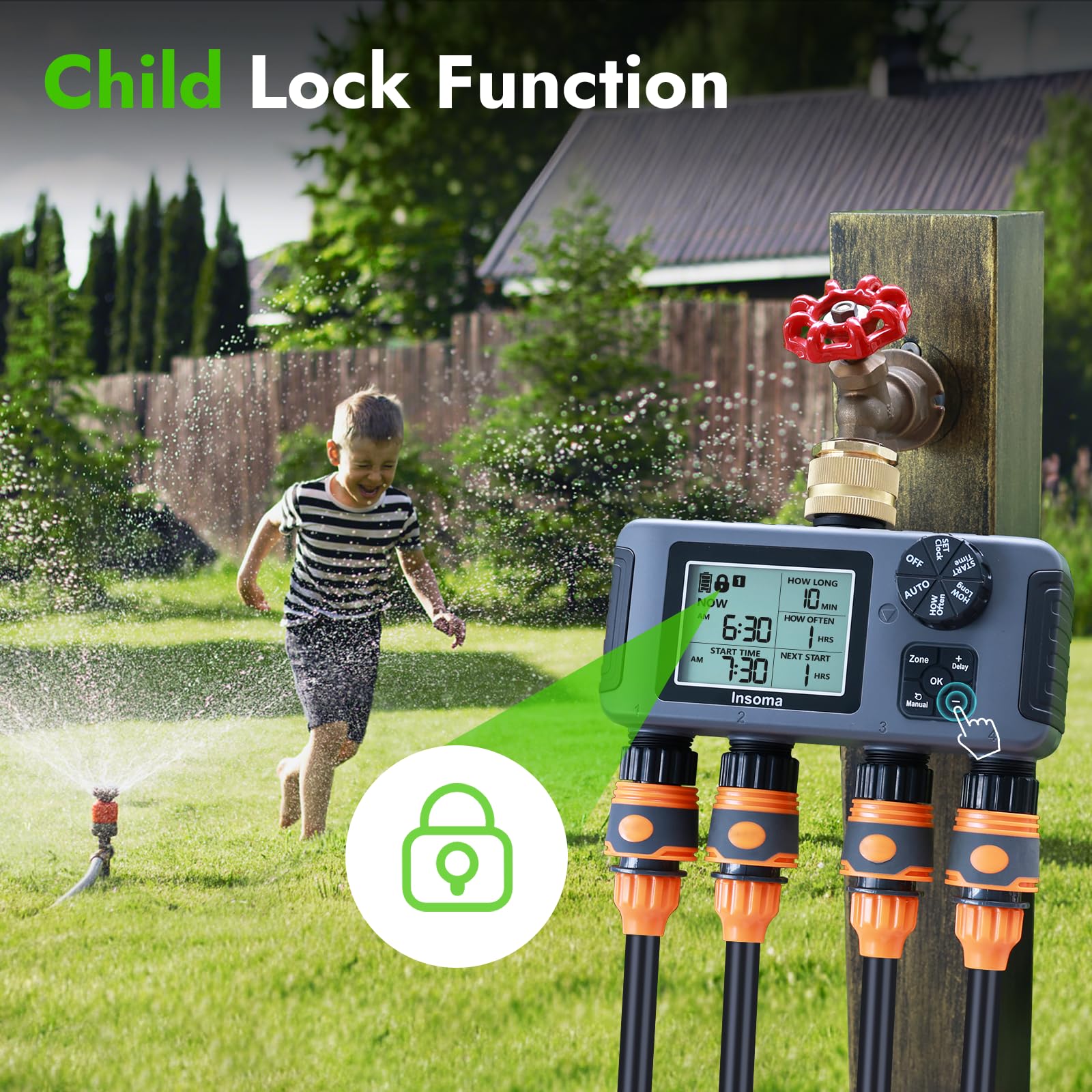 Insoma timer attached to hose watering a garden demonstrating automated convenience