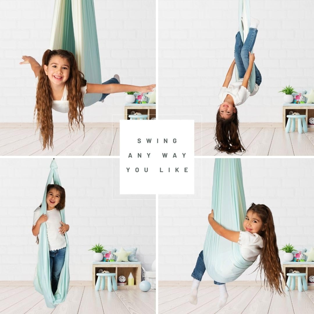 Inspire Innovations child using swing indoors showing calming movement and focus benefit