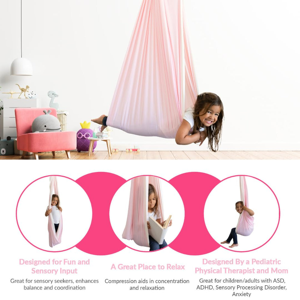 Inspire Innovations child seated in swing enjoying calming compression and gentle motion