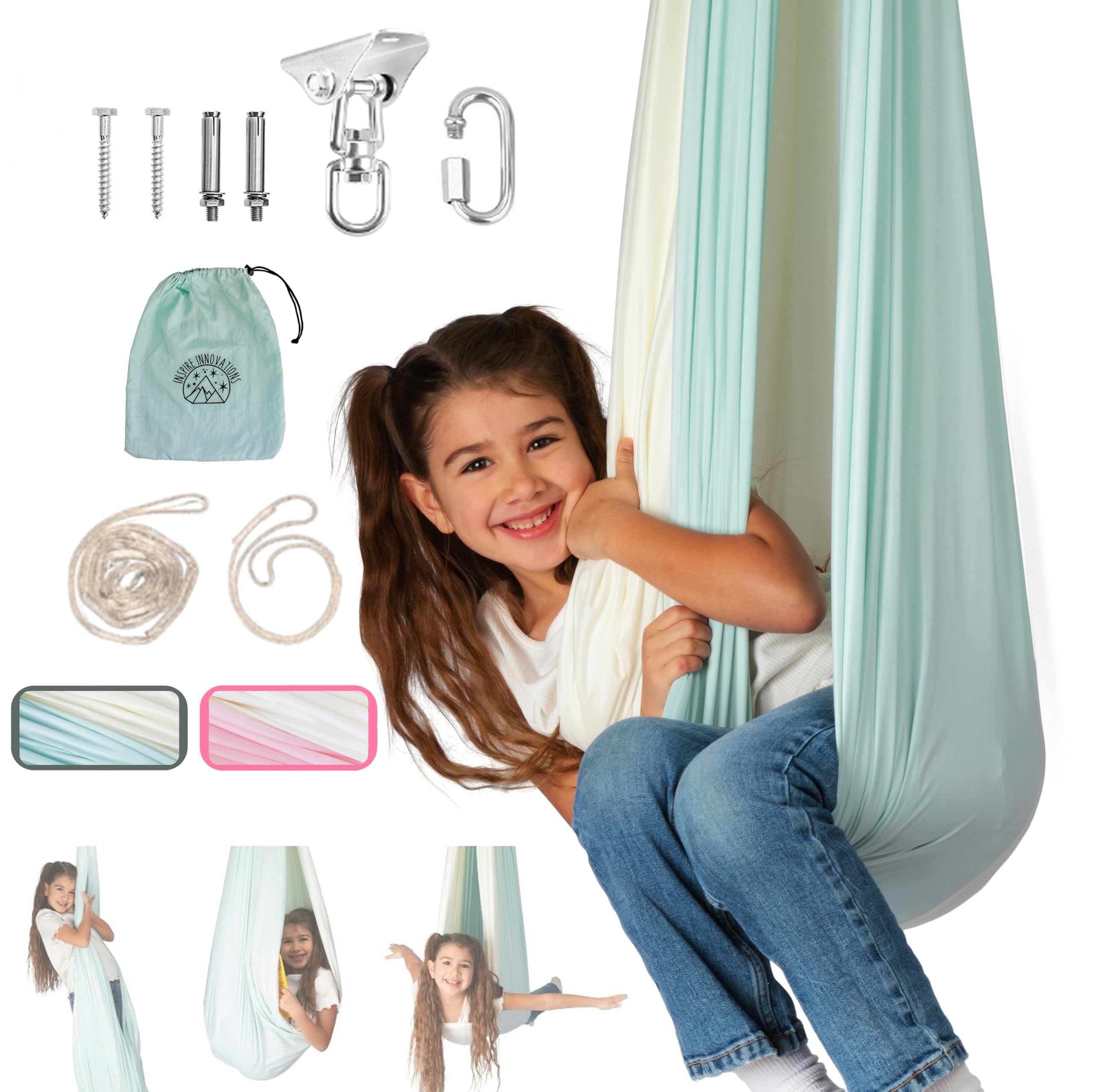 Inspire Innovations front view of swing showing cocoon shape and calming design benefit