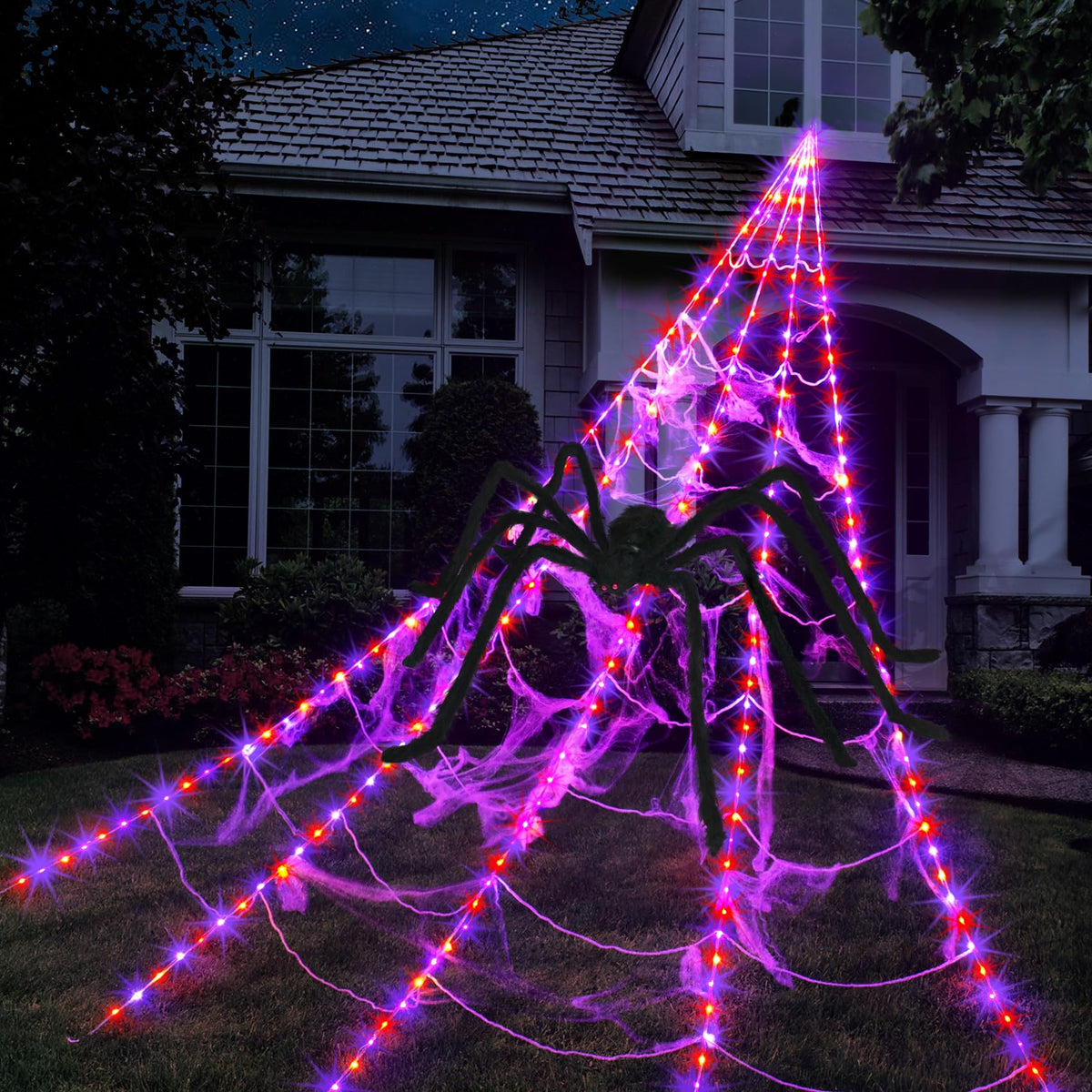 INST giant spider web front view showing full pre-lit display and dramatic effect