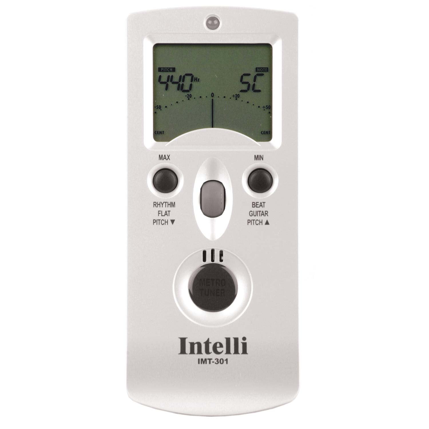 Intelli IMT-301 close-up LCD display highlighting tuner needle and environmental readouts