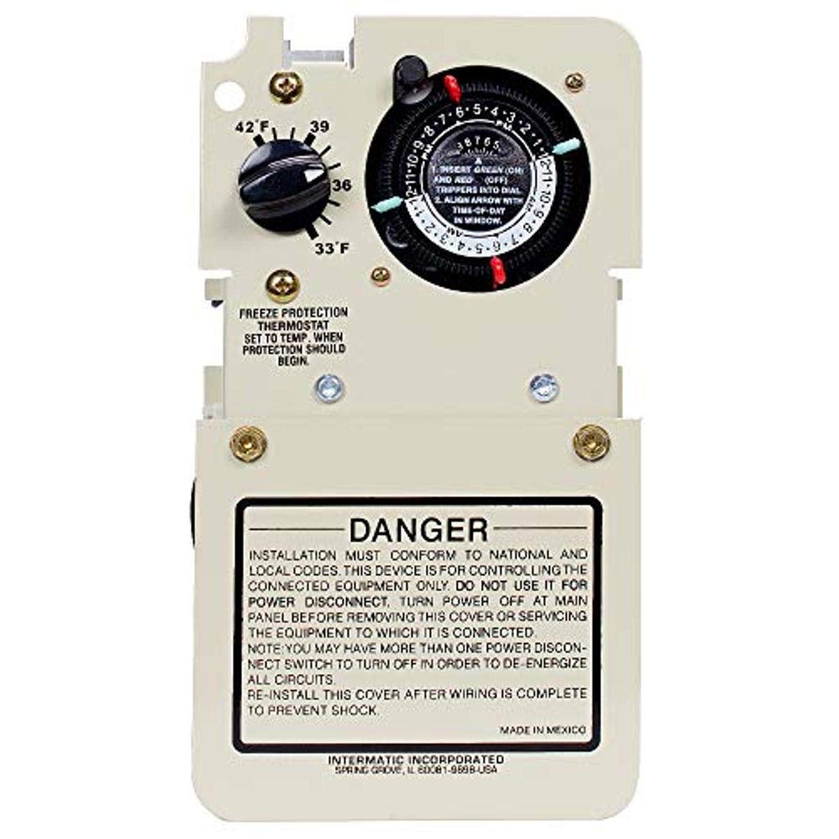 Intermatic PF1102MT front panel showing thermostat dial and durable enclosure for freeze protection