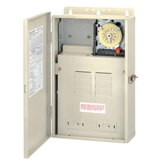 Intermatic T30004R front panel showing weatherproof enclosure and organized breaker layout for easy maintenance