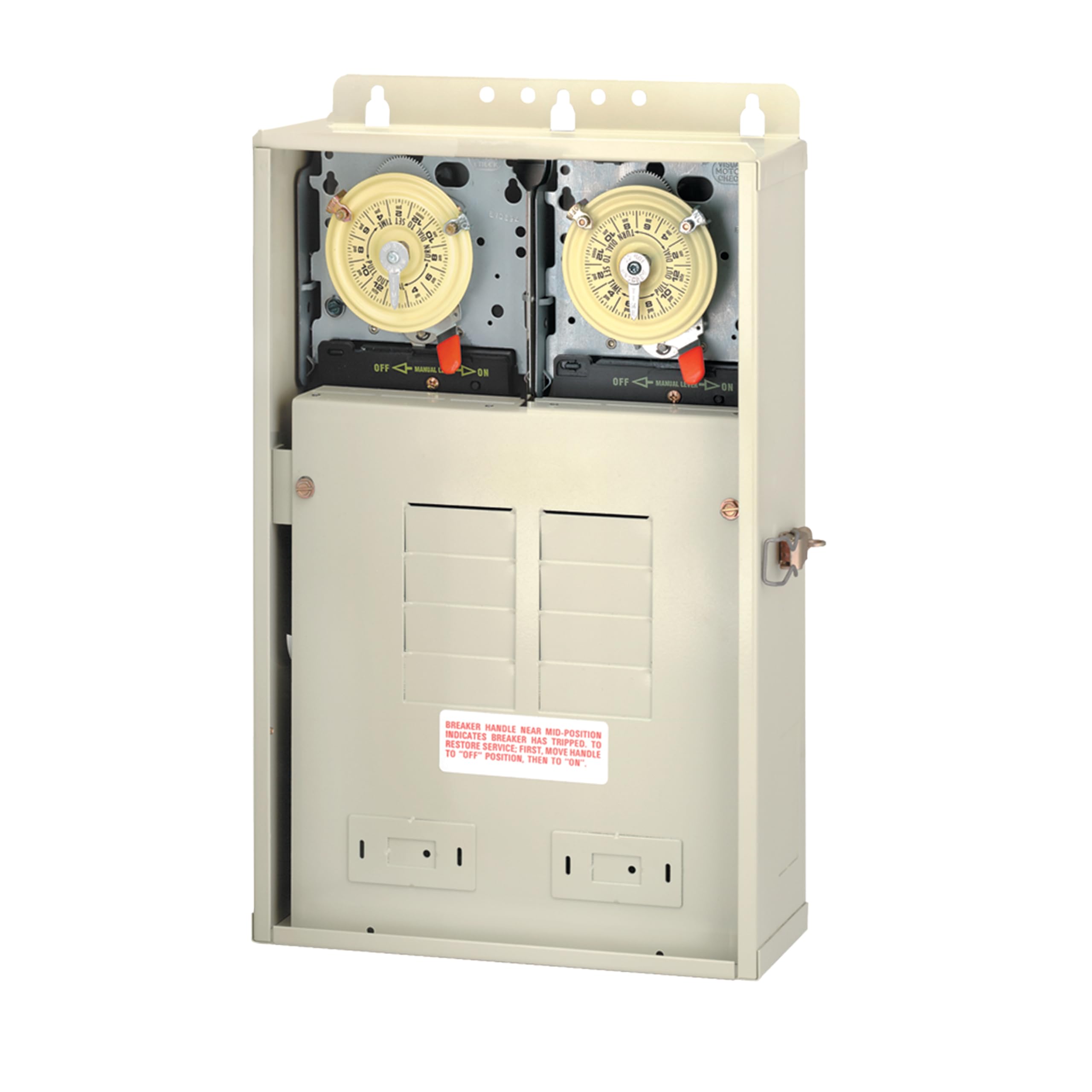 Intermatic T30404R close-up of timer mechanisms and knockout for easy expansions