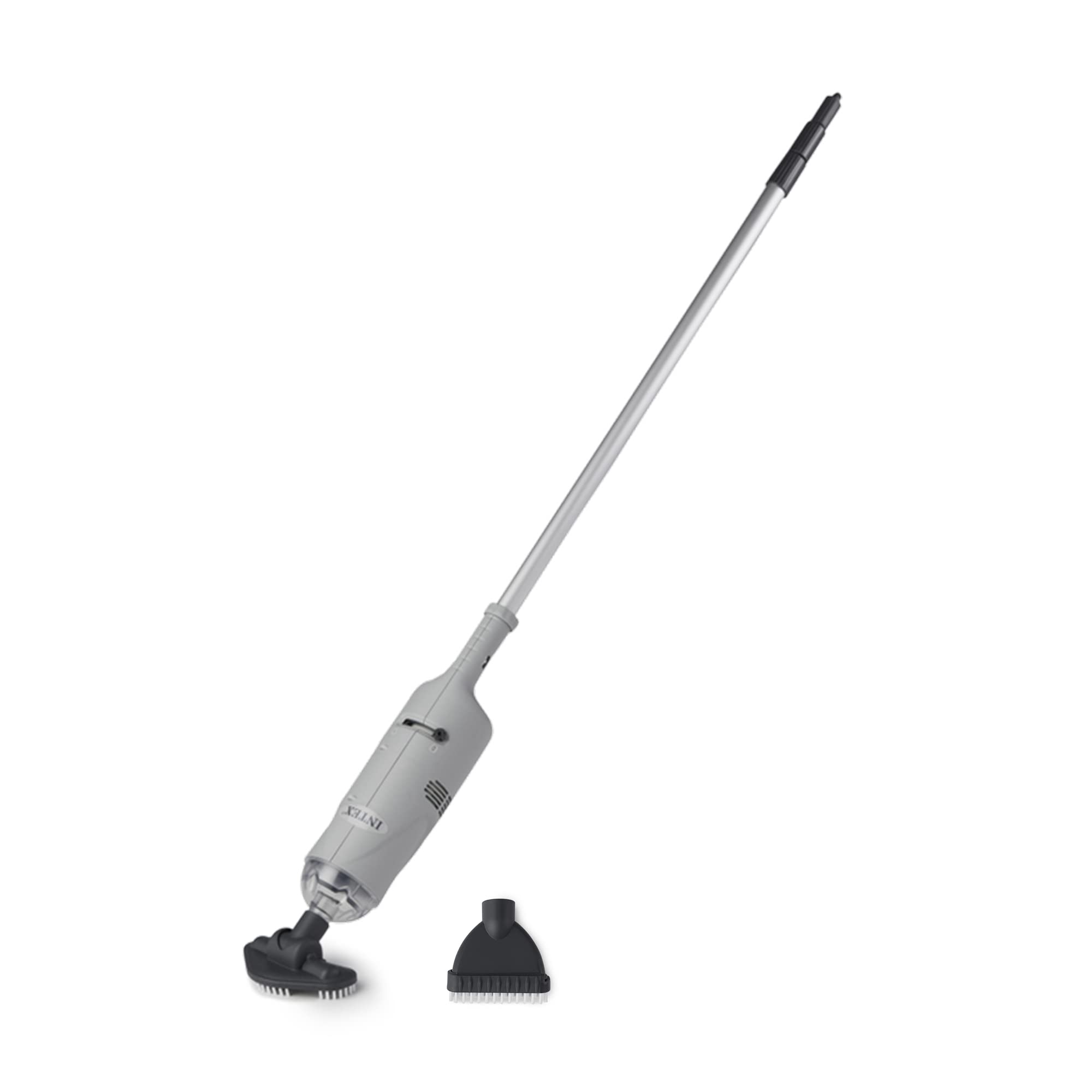 Intex 28620E front view showing compact cordless vacuum and benefits of portability