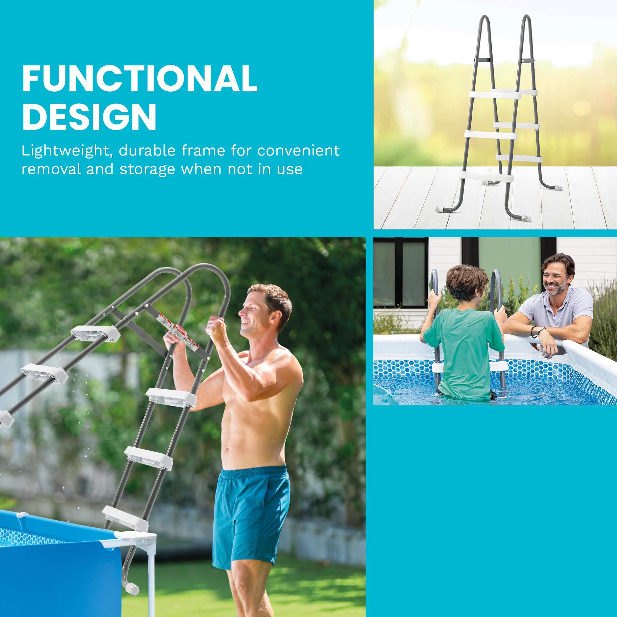 Intex escalera junto a piscina para comparar tamaño y ajuste