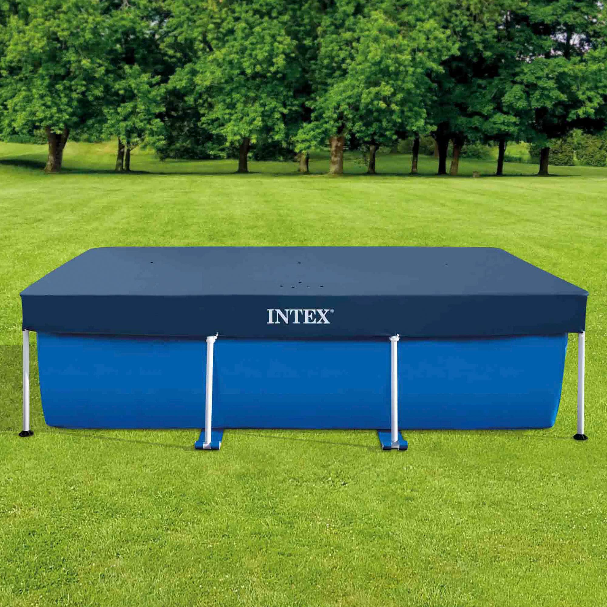 Backyard scene showing Intex cover keeping pool clean and tidy