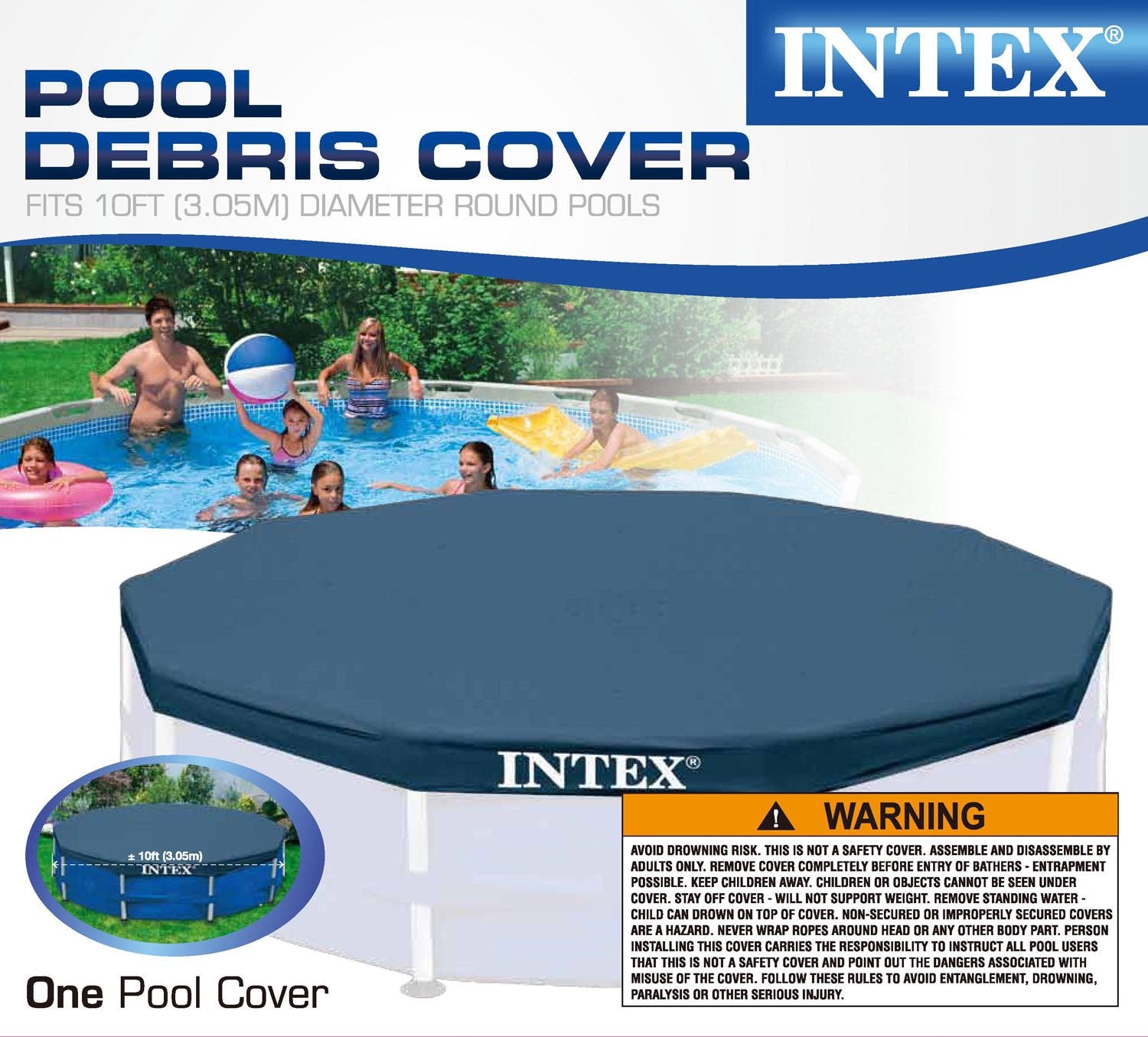 Intex cover in use on metal frame pool showing reduced debris entry benefit