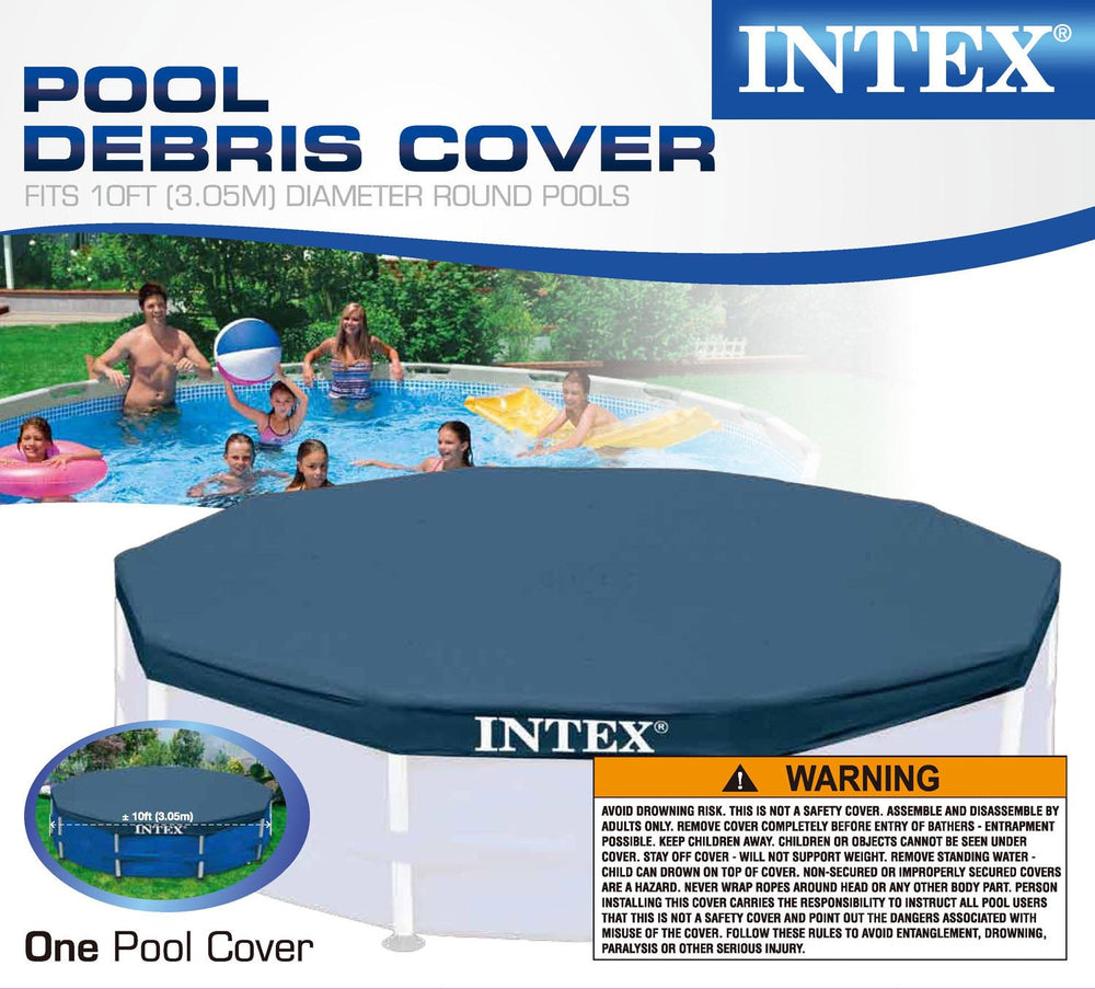 Intex cover in use on metal frame pool showing reduced debris entry benefit