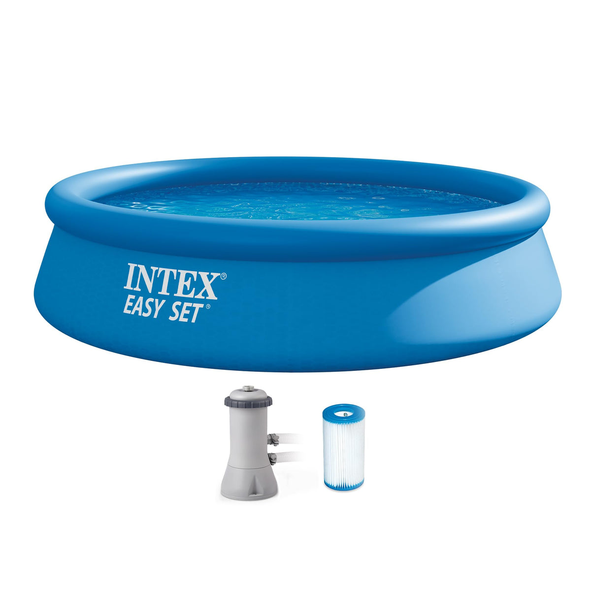 Intex front packaging showing pool kit contents and quick setup benefit