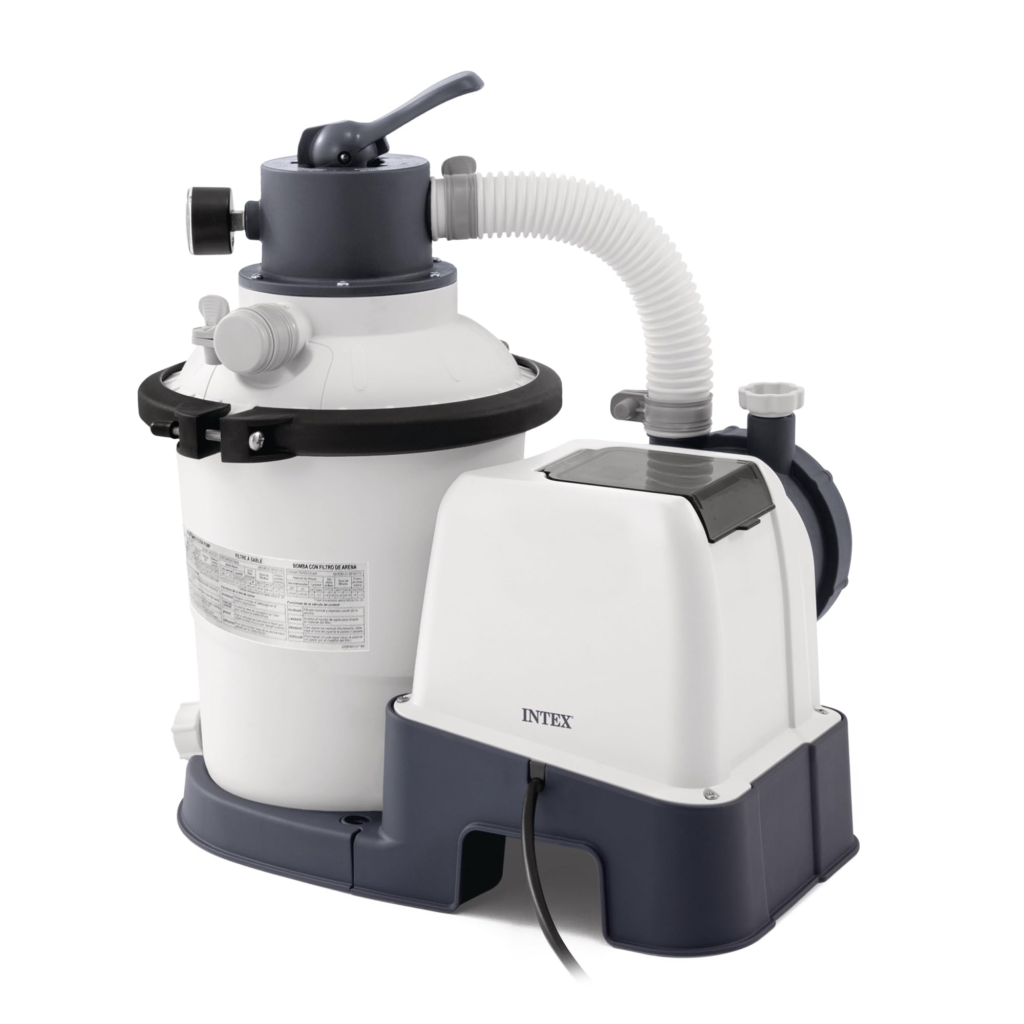 Intex krystal clear front view showing compact pump and clear housing benefit: space-saving placement