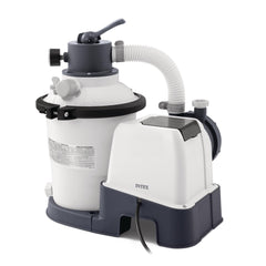 Intex krystal clear front view showing compact pump and clear housing benefit: space-saving placement
