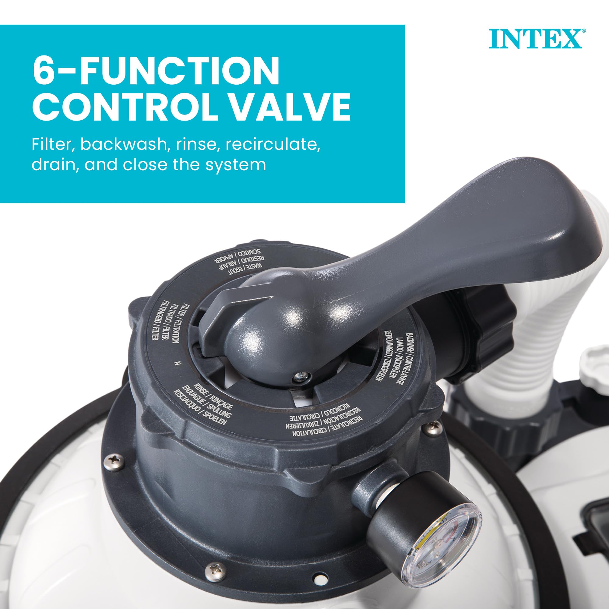 INTEX hose connections showing included 1.5 inch fittings for easy hookup