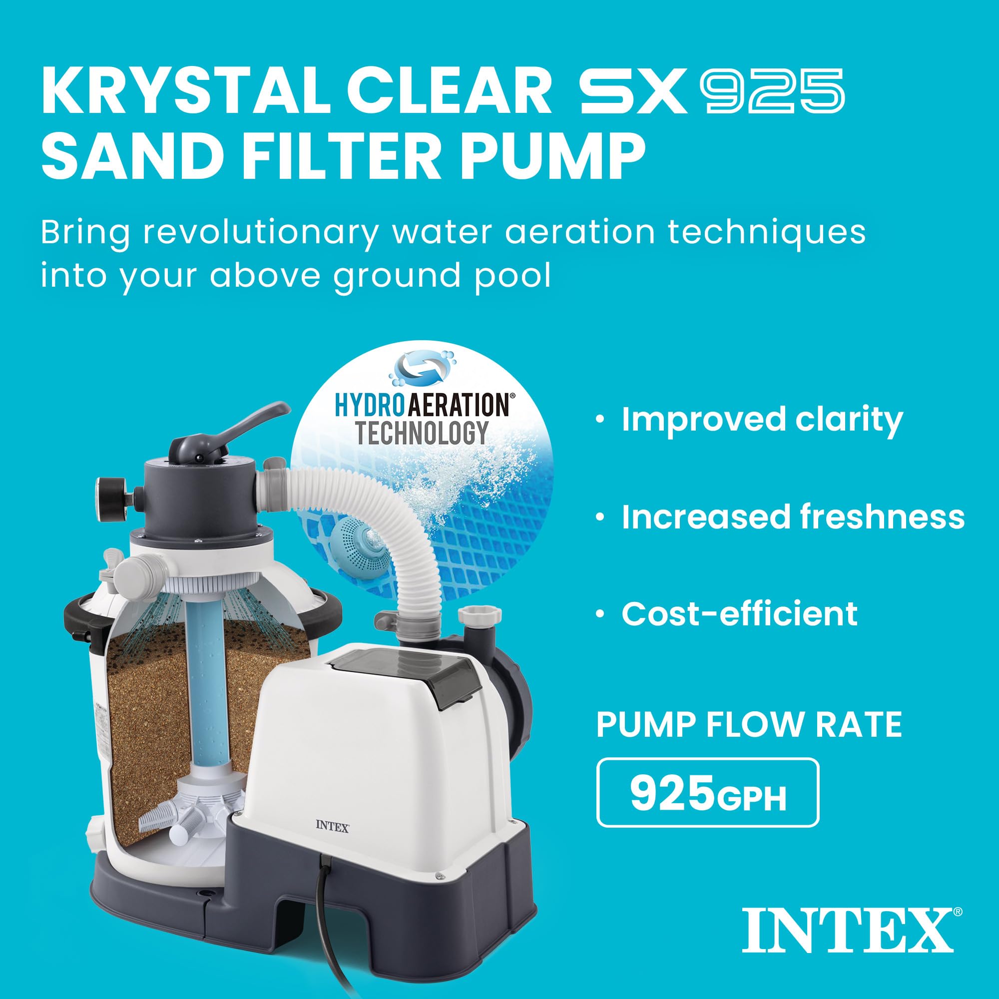 Intex krystal clear multiport valve closeup showing handle and labels benefit: easy function switching