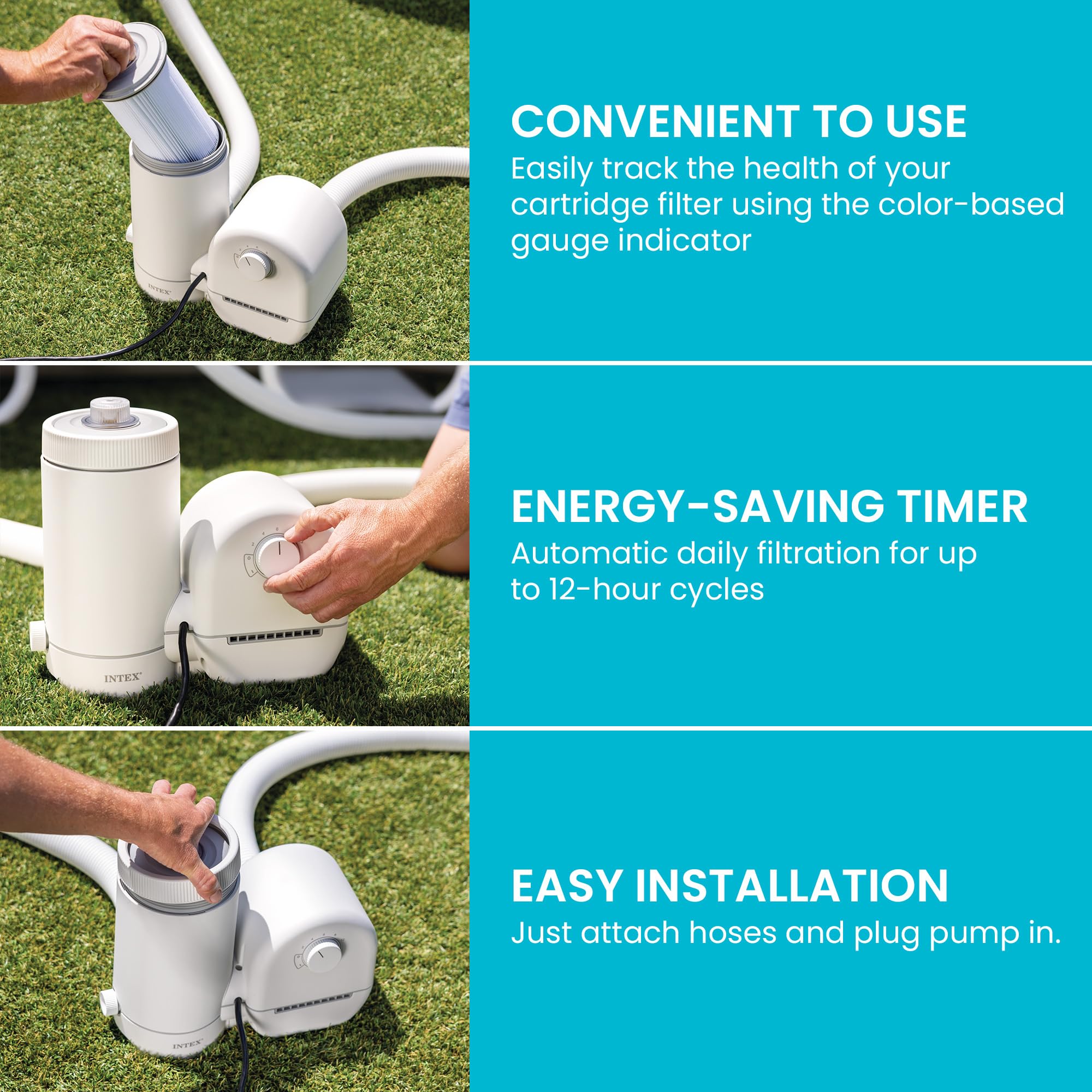 INTEX pump next to chair for scale to show compact size and space-saving design