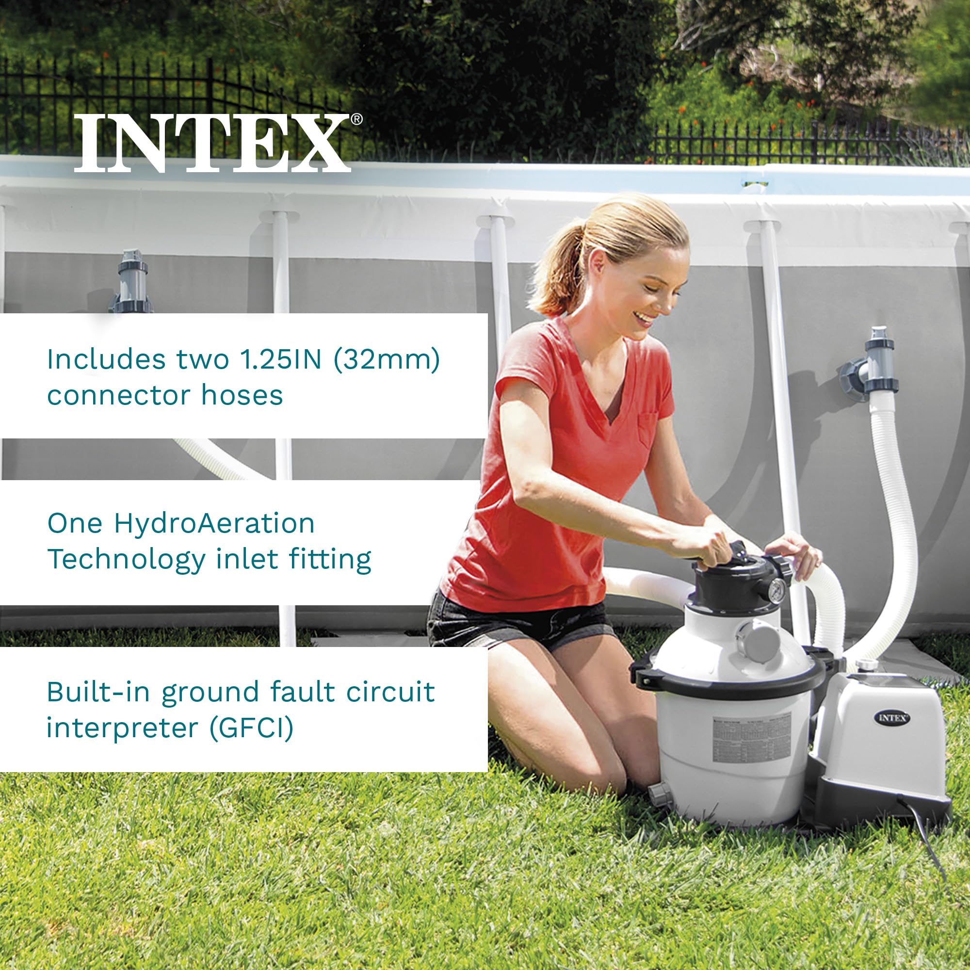 Intex krystal clear size scale comparison next to a chair benefit: visualizes compact footprint