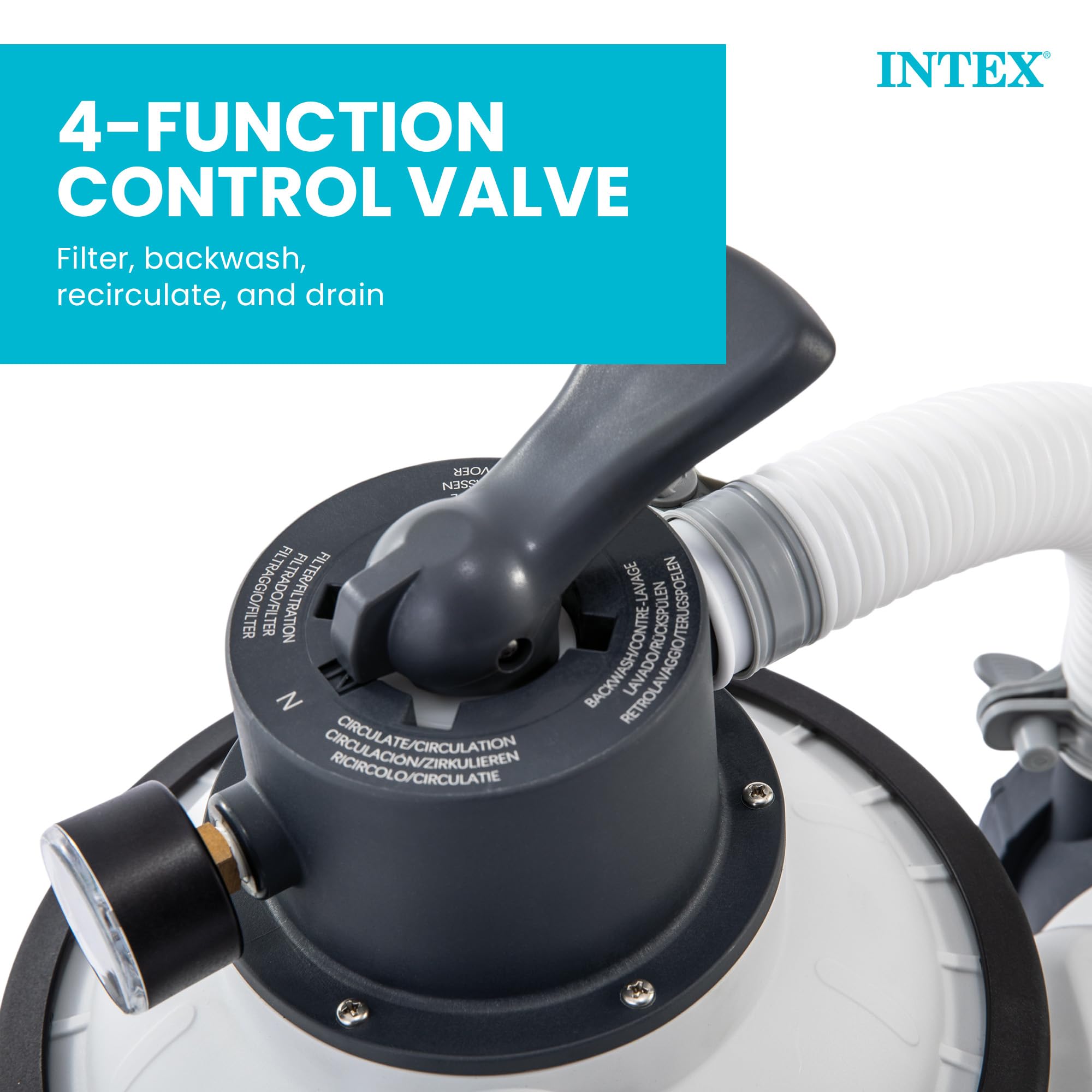 Intex krystal clear timer and controls closeup showing dial benefit: set automated filtration cycles