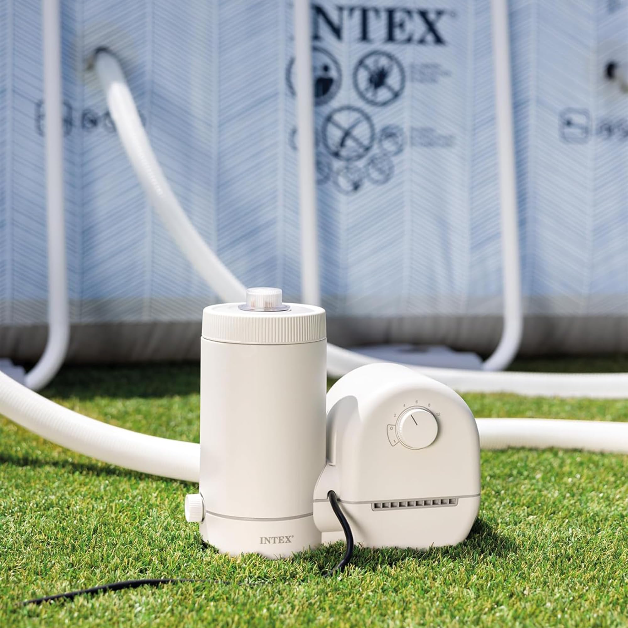 INTEX timer panel detail illustrating programmable 2–10 hour cycles to save energy