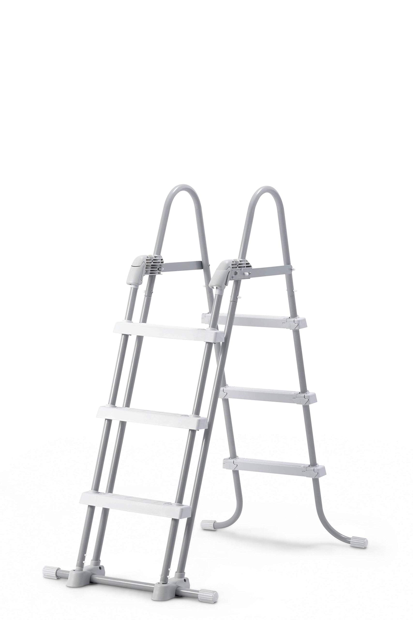Intex ladder front view showing full two‑section frame and secure fit for pool access