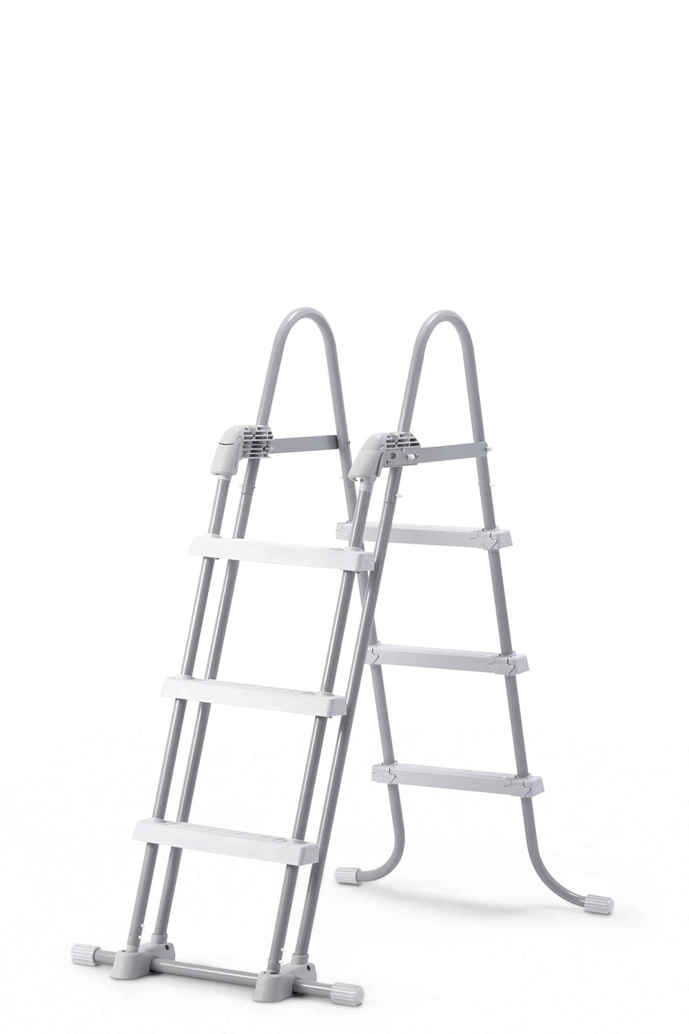 Intex ladder front view showing full two‑section frame and secure fit for pool access
