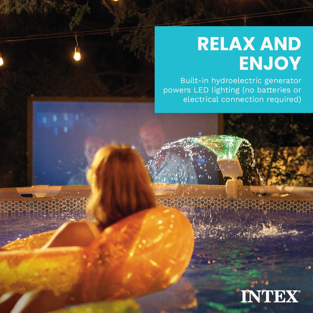 Intex hydroelectric core exposed to show internal generator powering LEDs without batteries