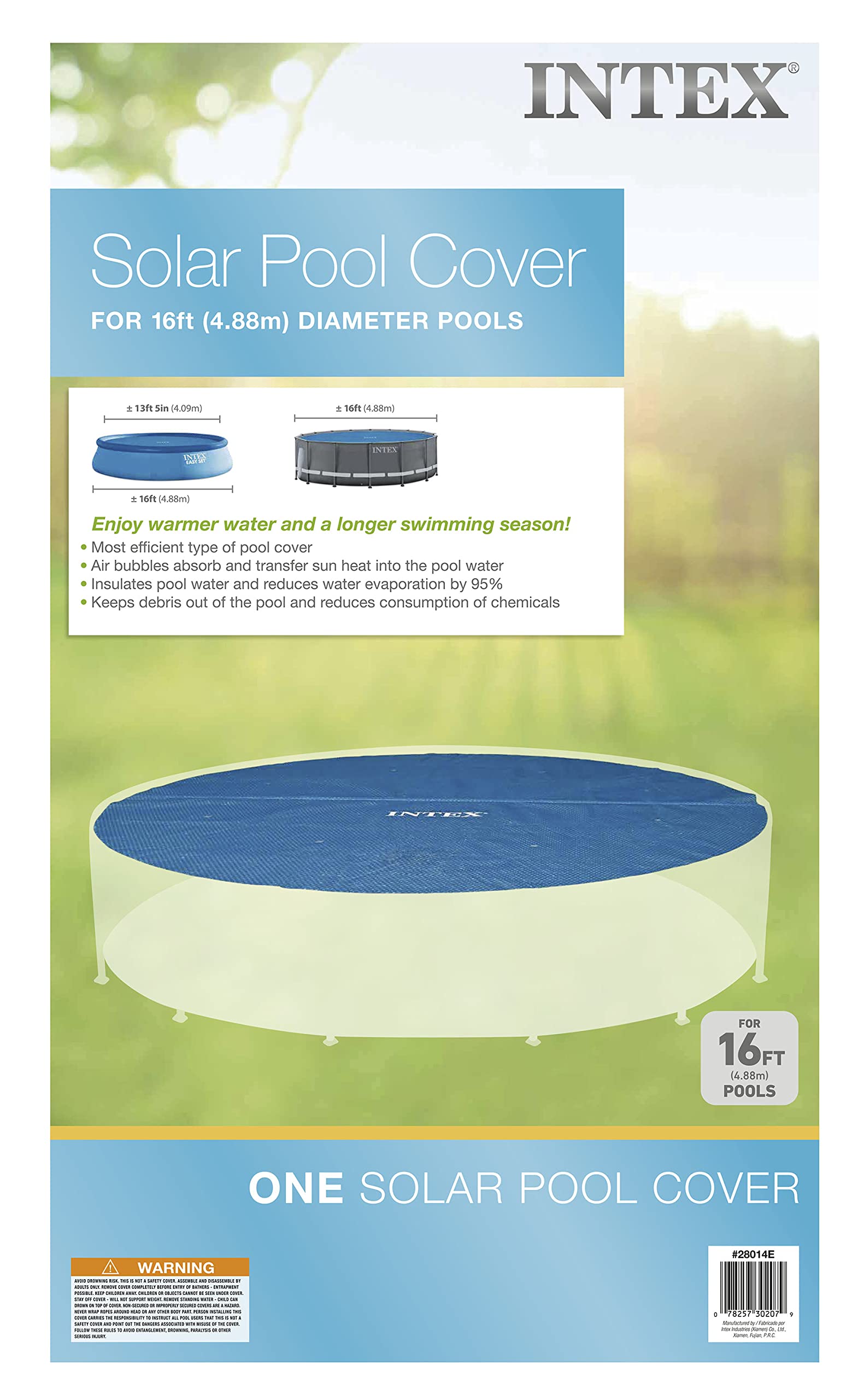 Intex product label and packaging showing model 28014E and installation benefit
