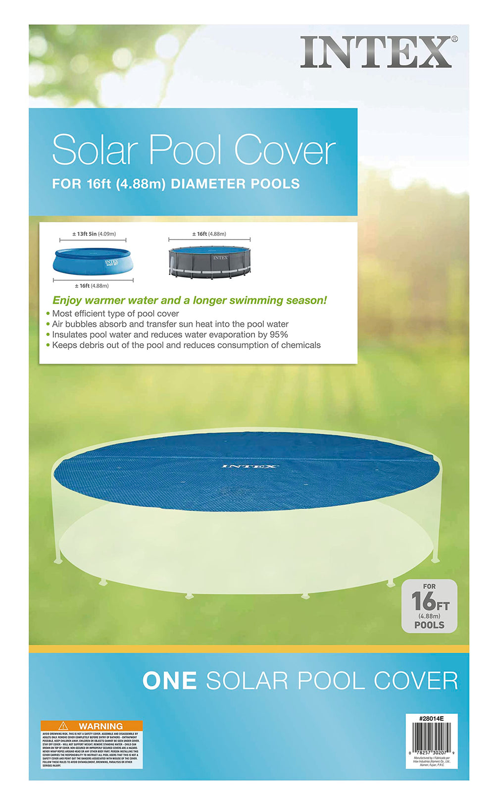 Intex product label and packaging showing model 28014E and installation benefit
