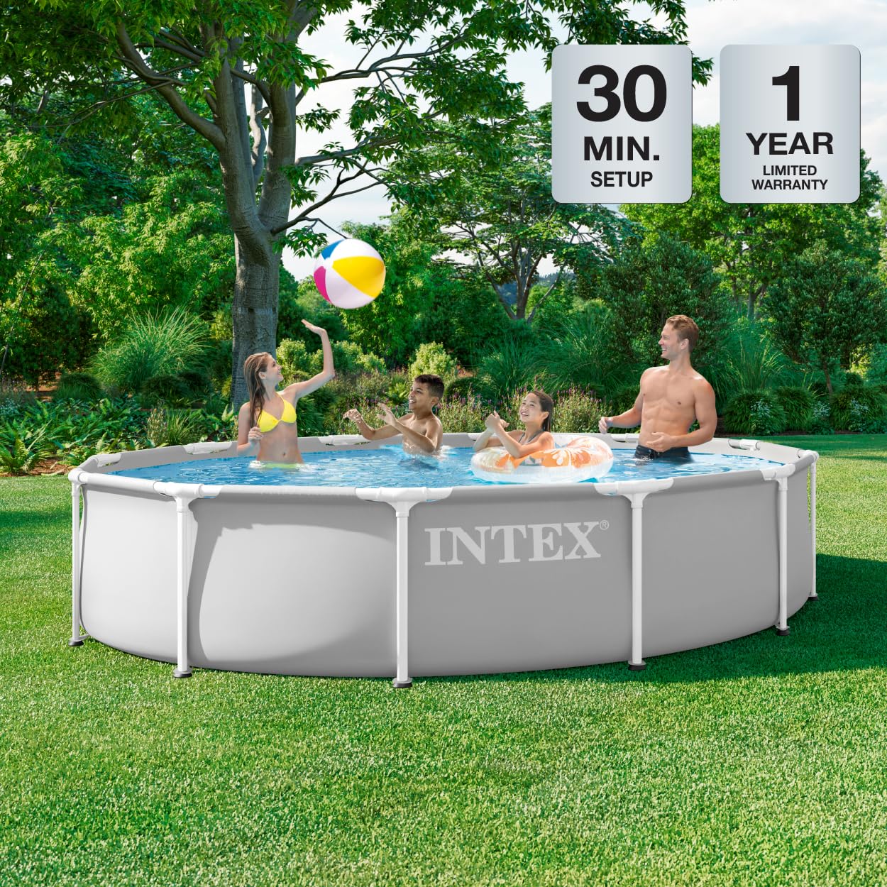 Intex prism frame in-use with family enjoying water and safe shallow depth benefit