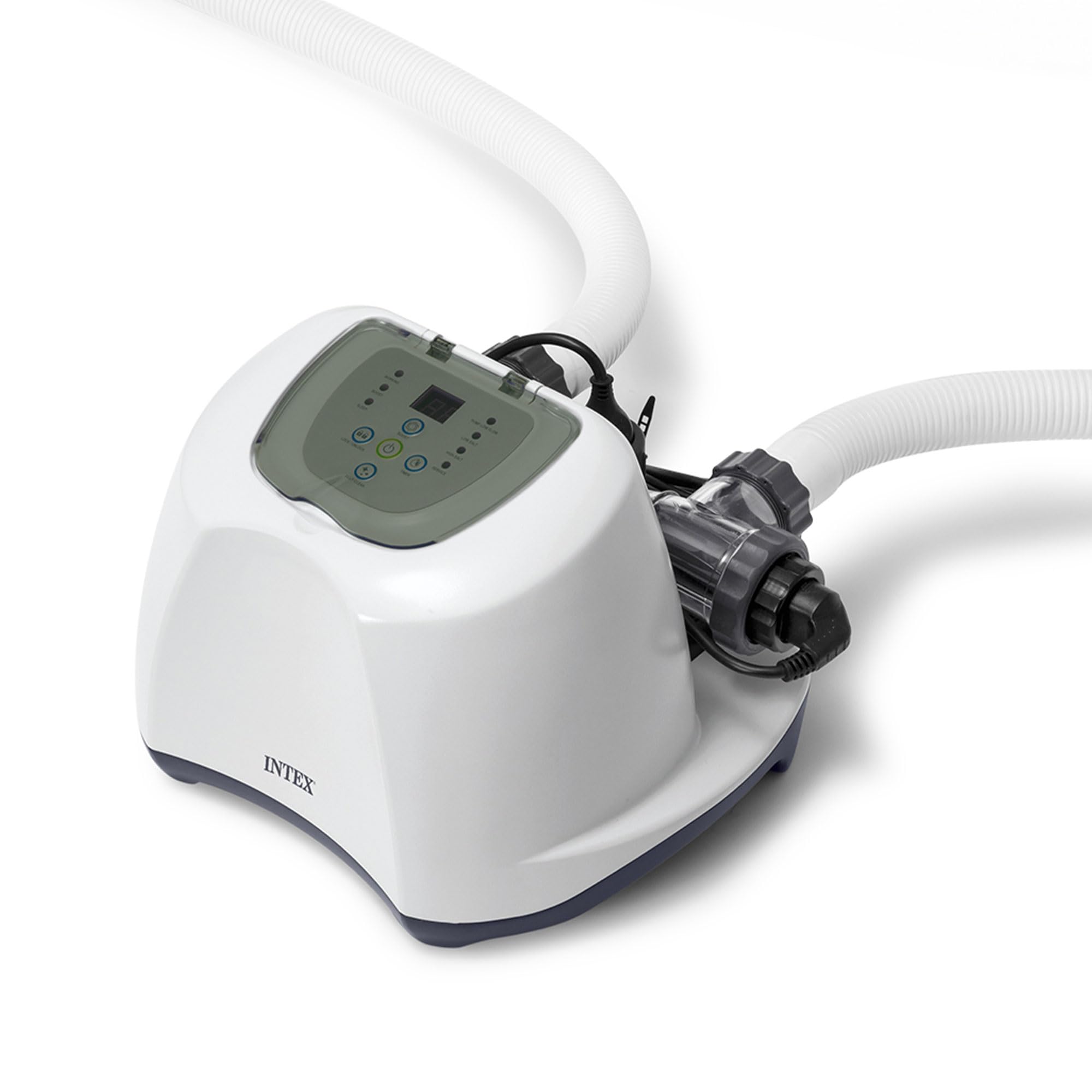 INTEX QS1200 beside backyard above ground pool illustrating effortless saltwater conversion