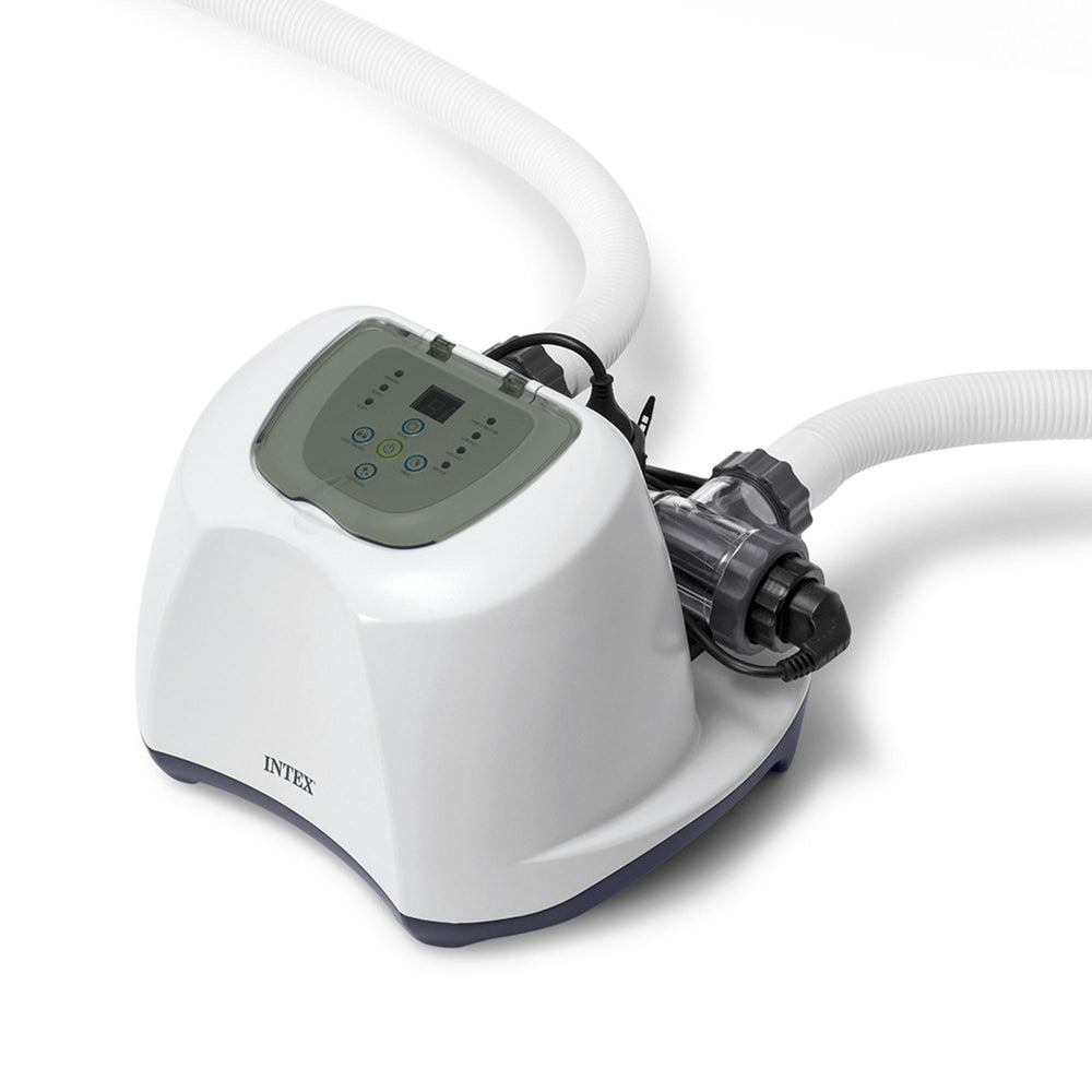 INTEX QS1200 beside backyard above ground pool illustrating effortless saltwater conversion