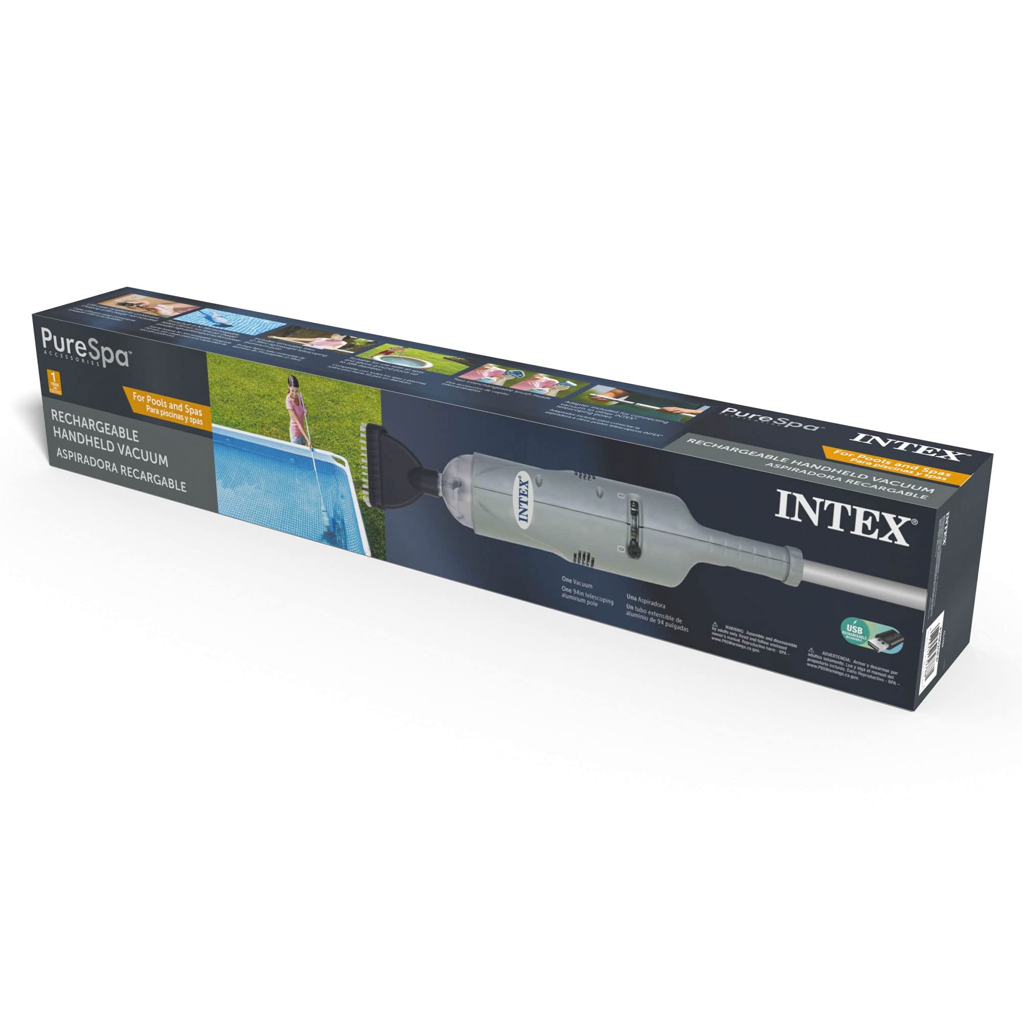 Intex vacuum next to handrail for scale showing lightweight ergonomic size