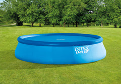 Intex cover next to tape measure showing fit for 16ft pools and easy use benefit