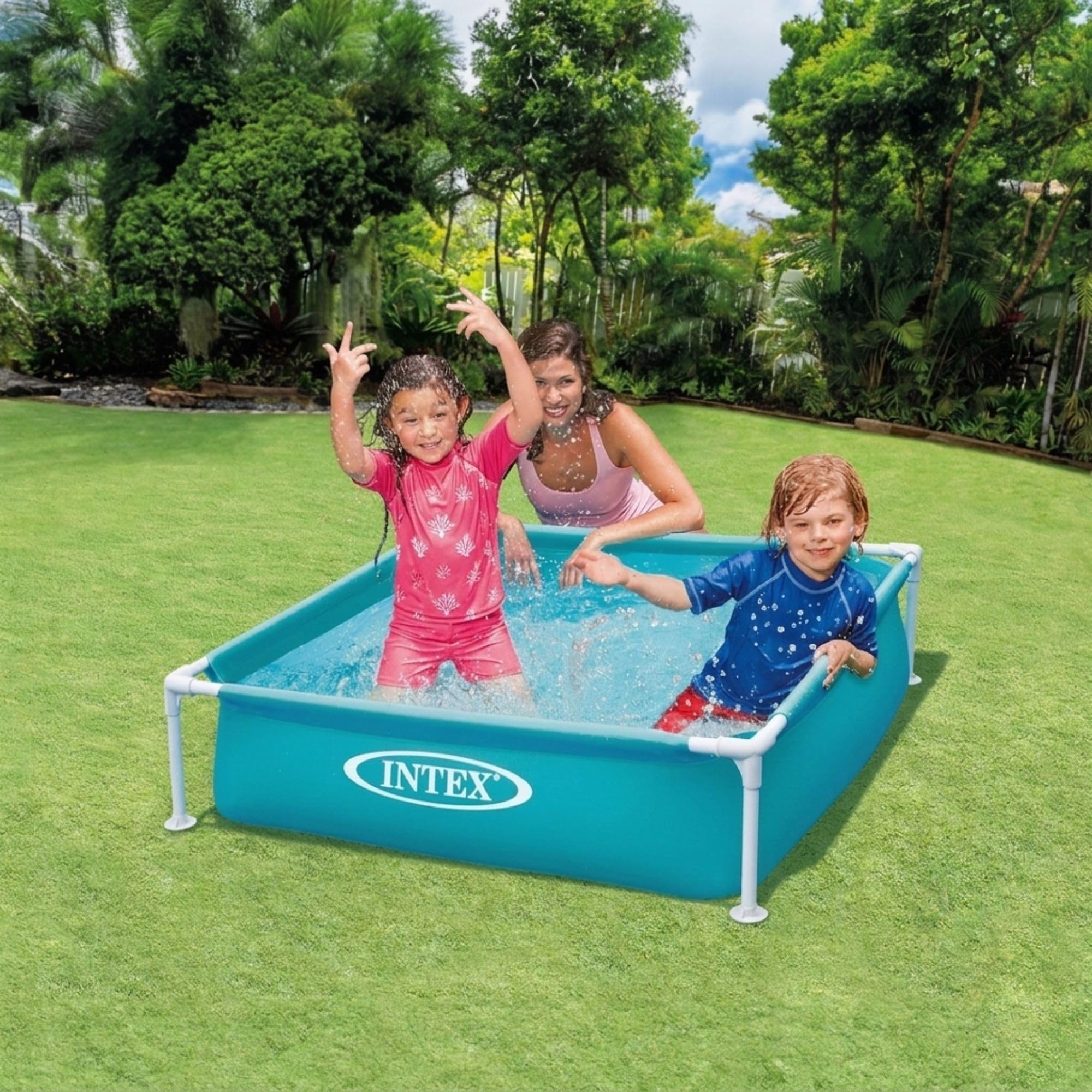 Intex pool on grass for scale illustrating compact backyard fit