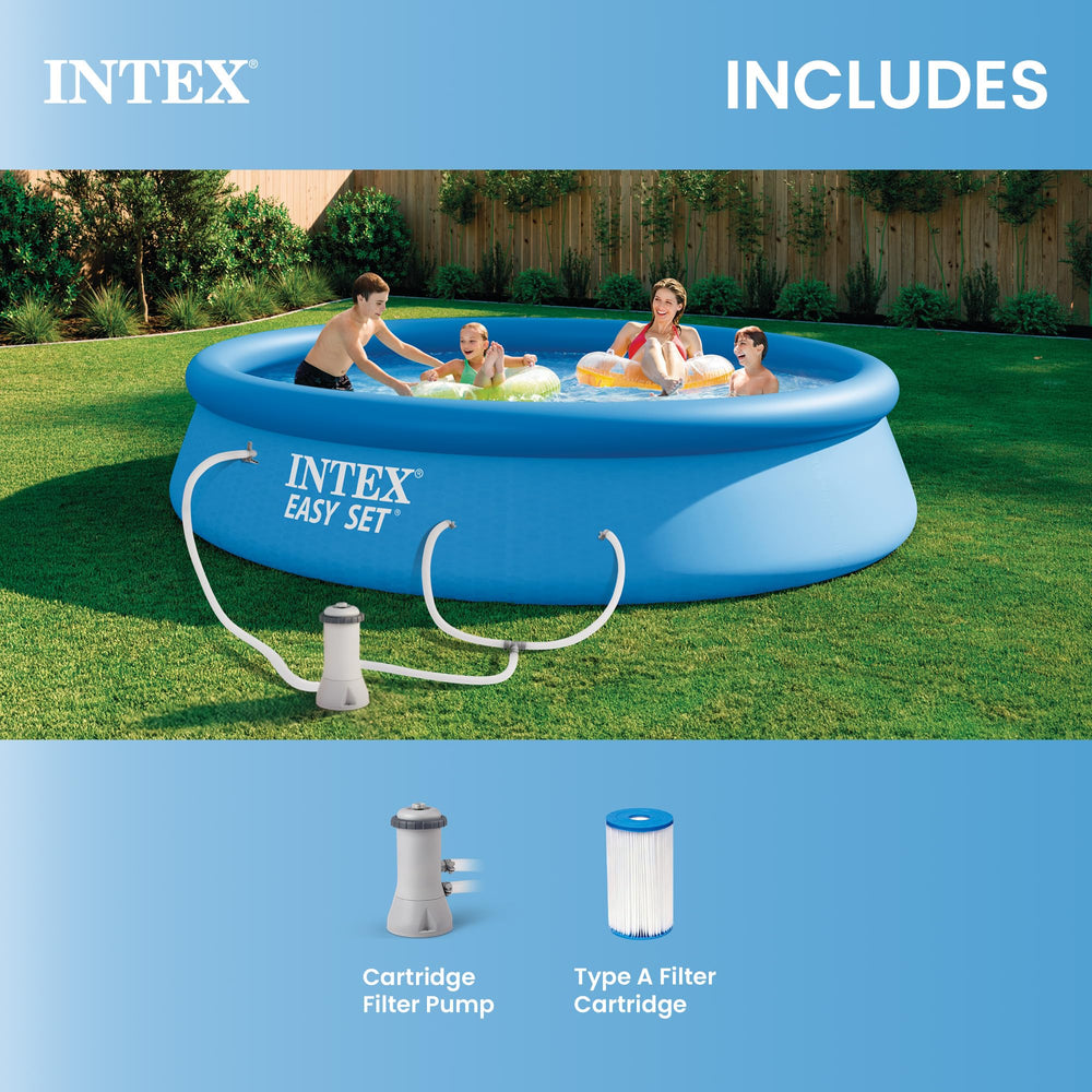 Intex pool next to chairs showing scale and backyard space-saving benefit