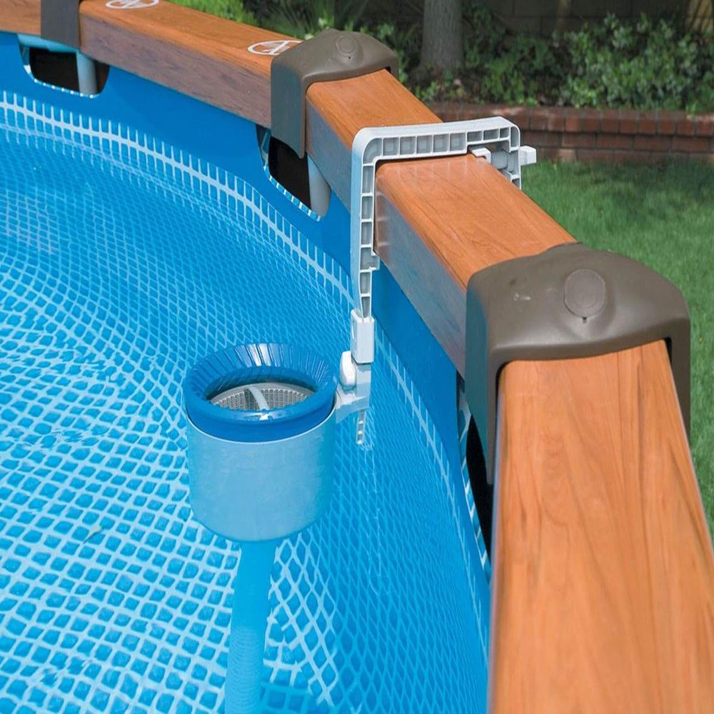 Intex skimmer installed on Easy Set pool demonstrating hands-free surface debris removal
