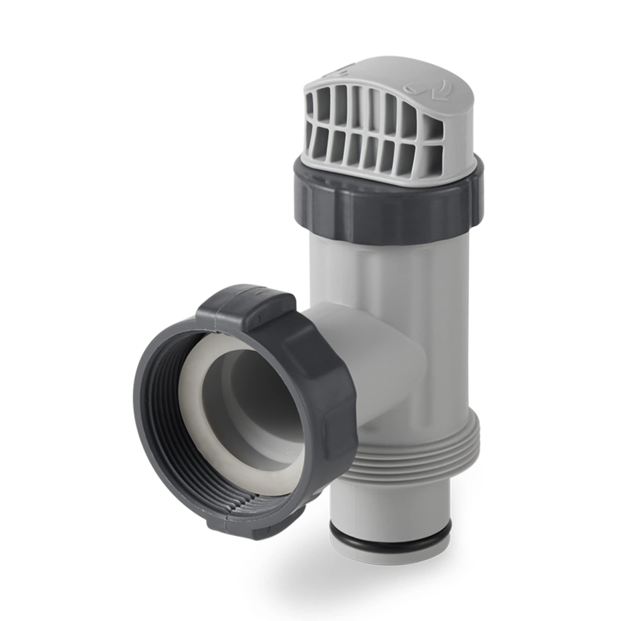 Intex strainer connector detail highlighting 1.25-inch fitting compatibility to prevent debris entry