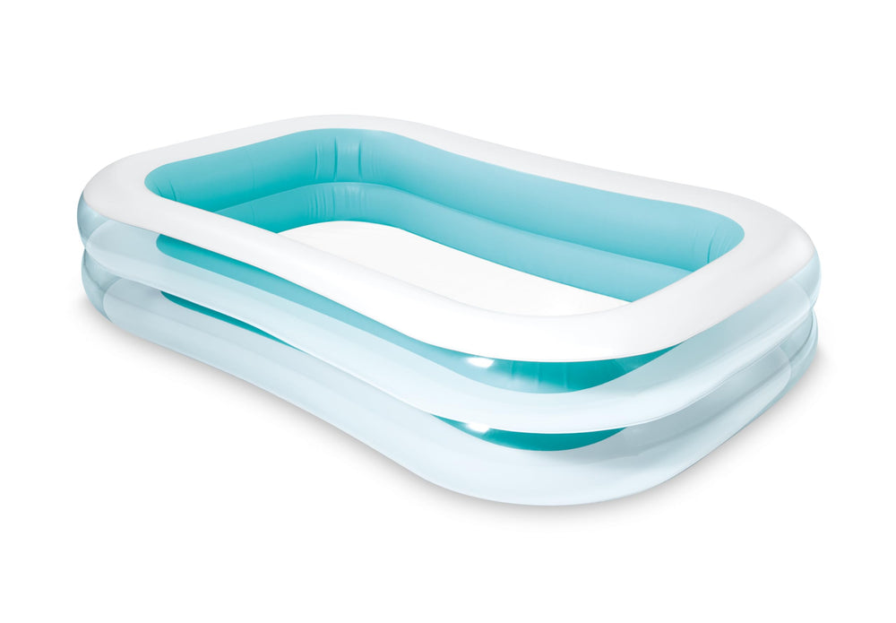 Intex front view of rectangular family pool showing setup and safe play area benefit