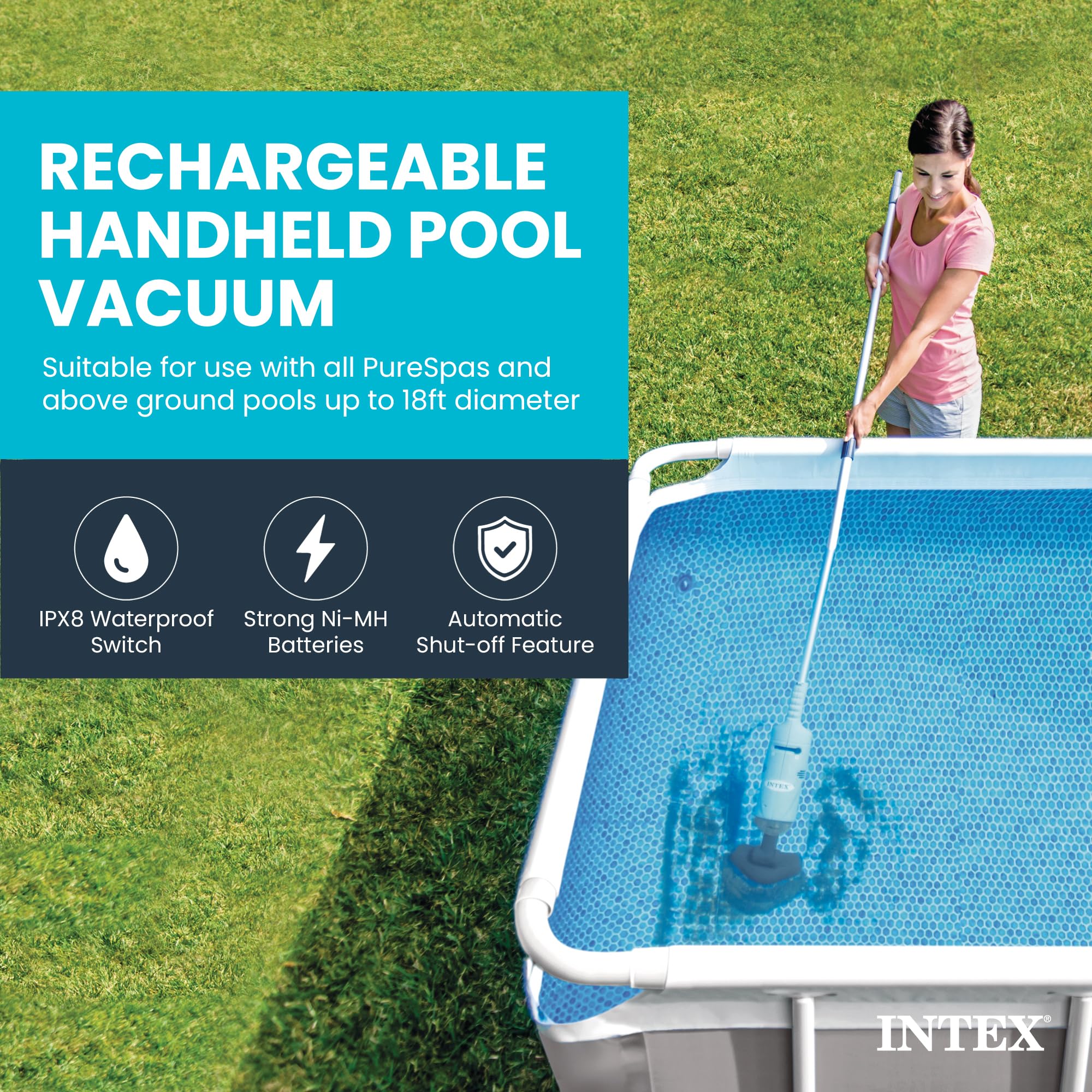 Intex vacuum extended telescoping shaft demonstrating increased reach for pools