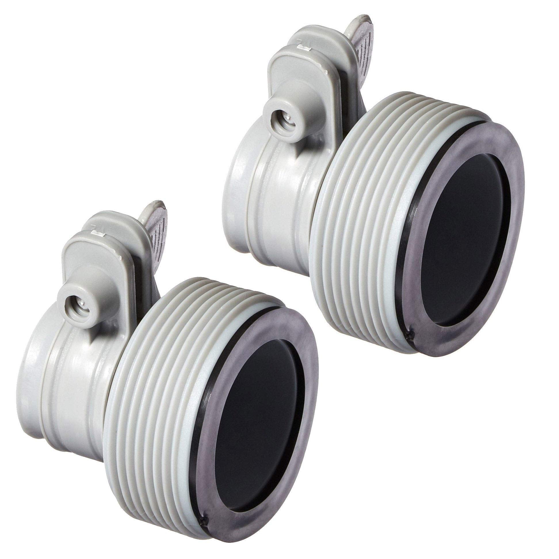 Intex valves beside pump demonstrating wide pump compatibility benefit