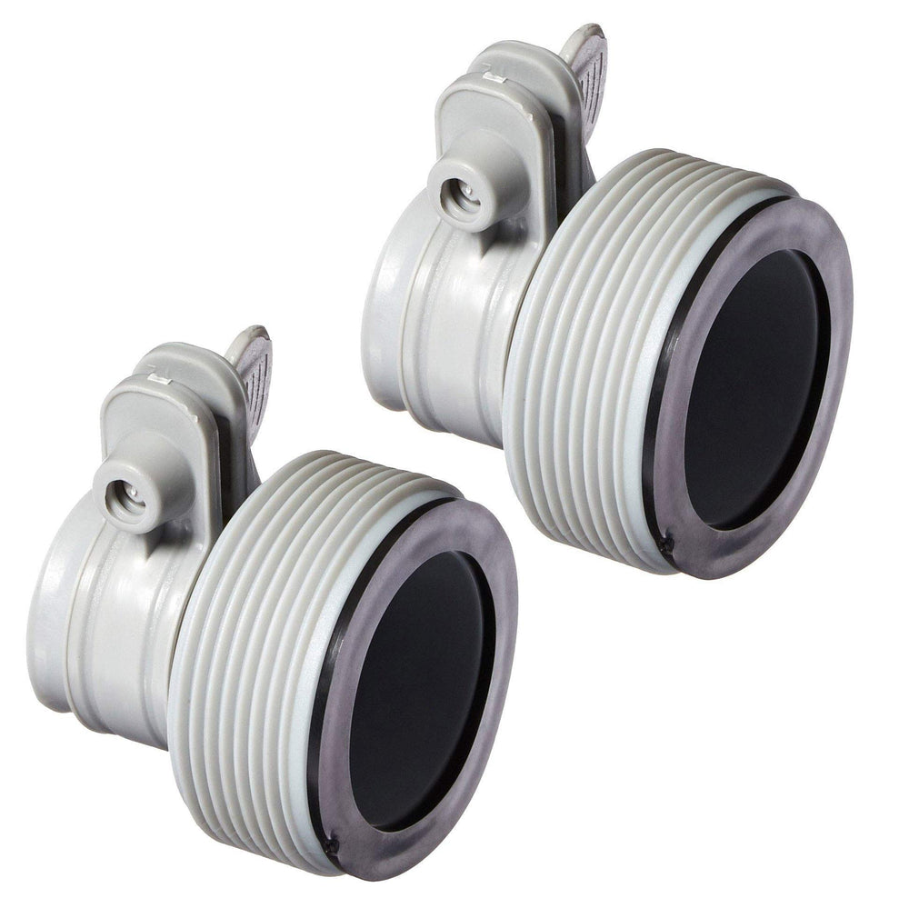 Intex valves beside pump demonstrating wide pump compatibility benefit