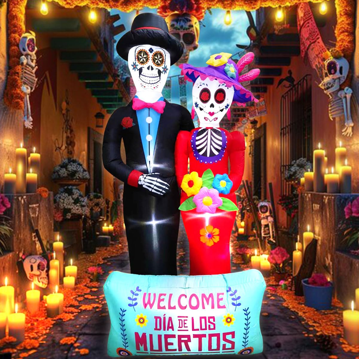 Intexflatable sugar skulls used as party photo backdrop adding festive focus